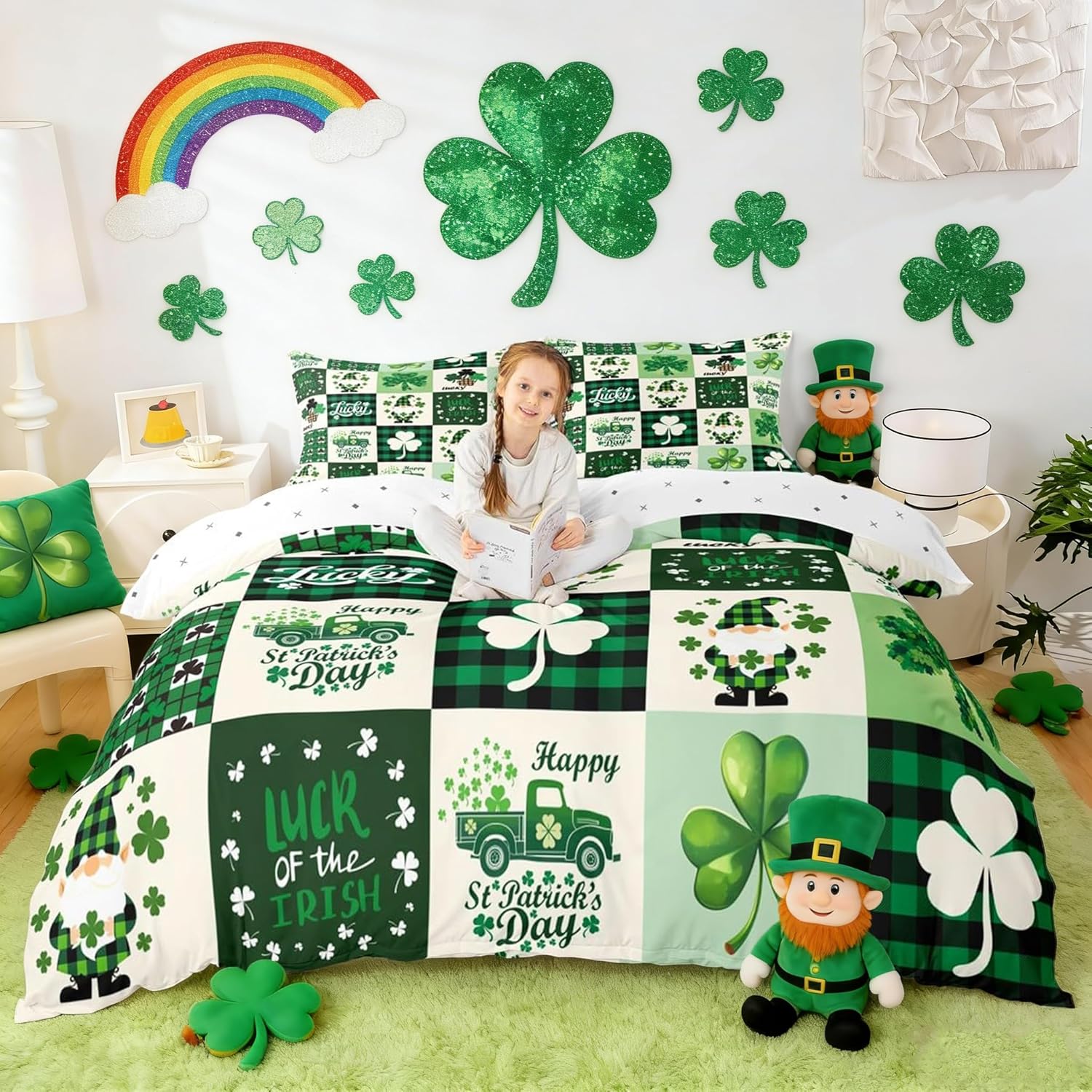 Castle Fairy St Patricks Day Duvet Cover King Size front view showing green plaid panels and cartoon gnomes on a bed setup