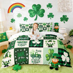 Castle Fairy St Patricks Day Duvet Cover King Size front view showing green plaid panels and cartoon gnomes on a bed setup