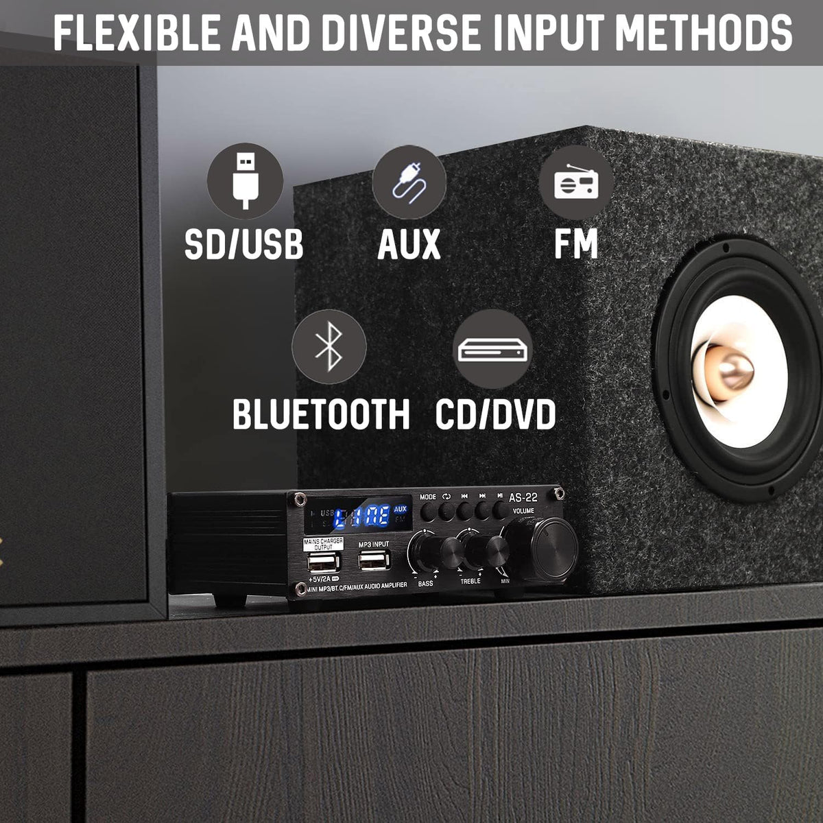 Sunbuck Bluetooth amplifier angled perspective highlighting compact size