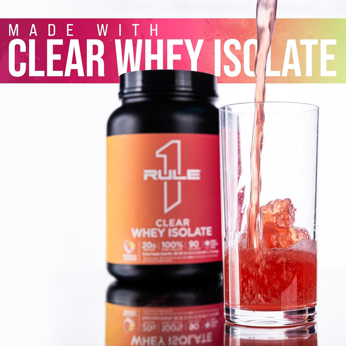 Rule 1 proteins cherry limade tub angled display showing serving size