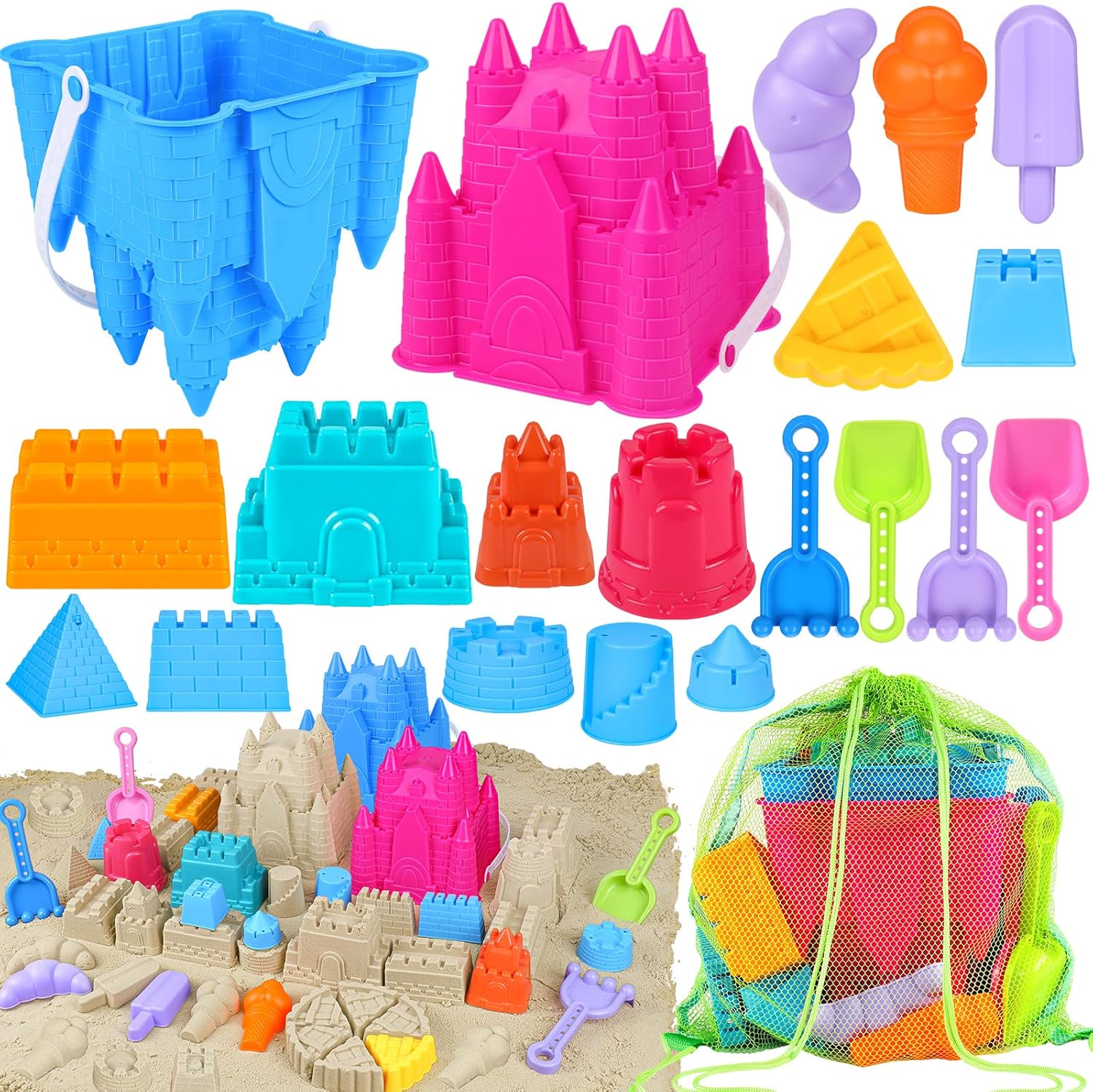 Fuspweao beach sand castle toy set with buckets and shovels.