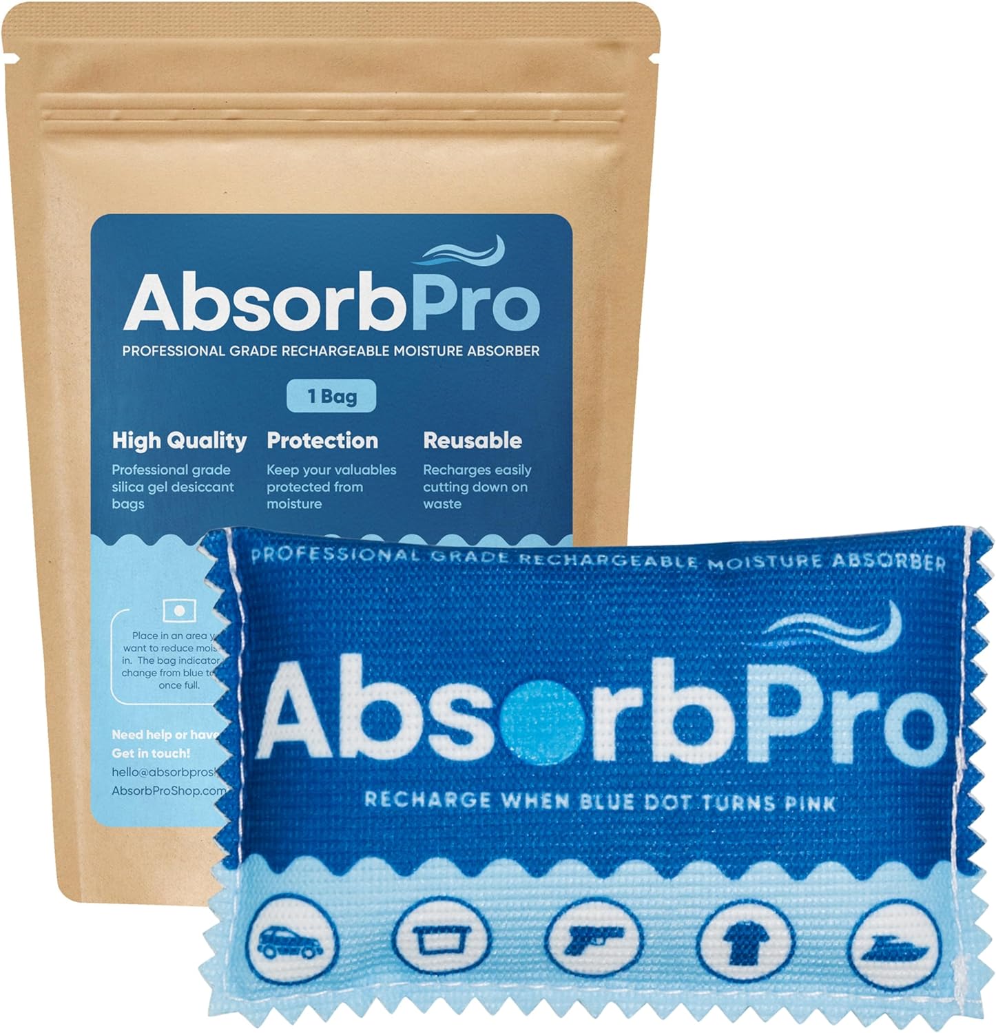 Absorb Pro Rechargeable Dehumidifier Bag front view with blue indicator dot.