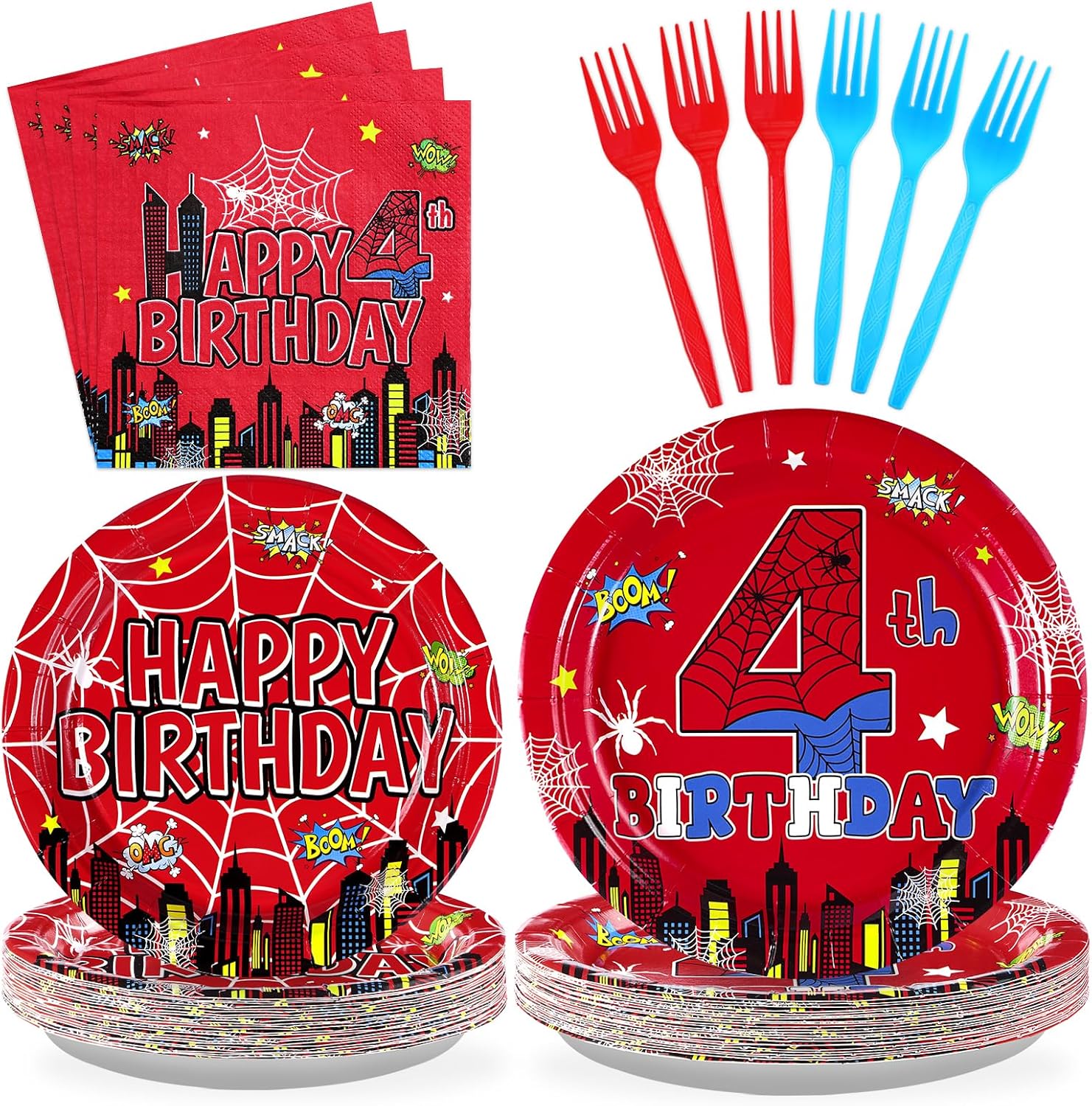 Grencian spider 4th birthday party supplies set front view
