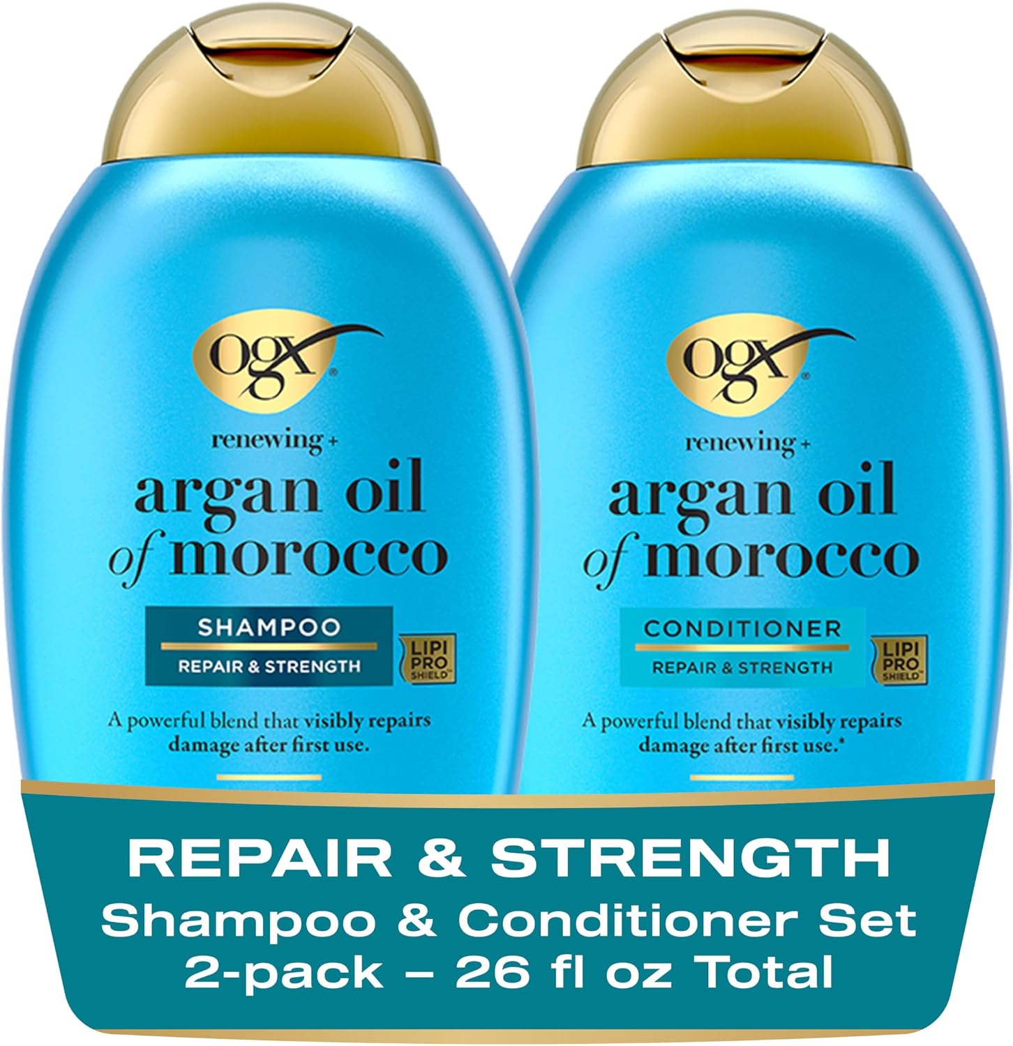 OGX Extra Strength Hydrate & Repair Argan Oil of Morocco Shampoo and Conditioner Set front view.