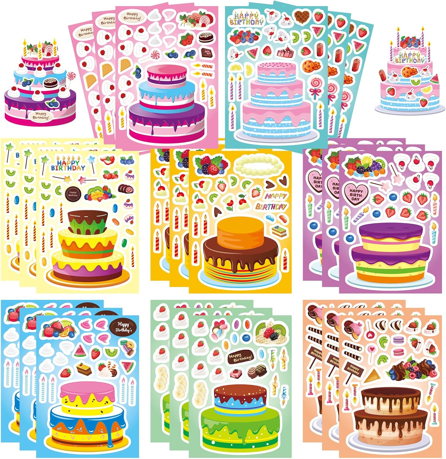 DUJAA 24 Sheets Birthday Stickers front view showing colorful make-a-cake designs for kids party crafts