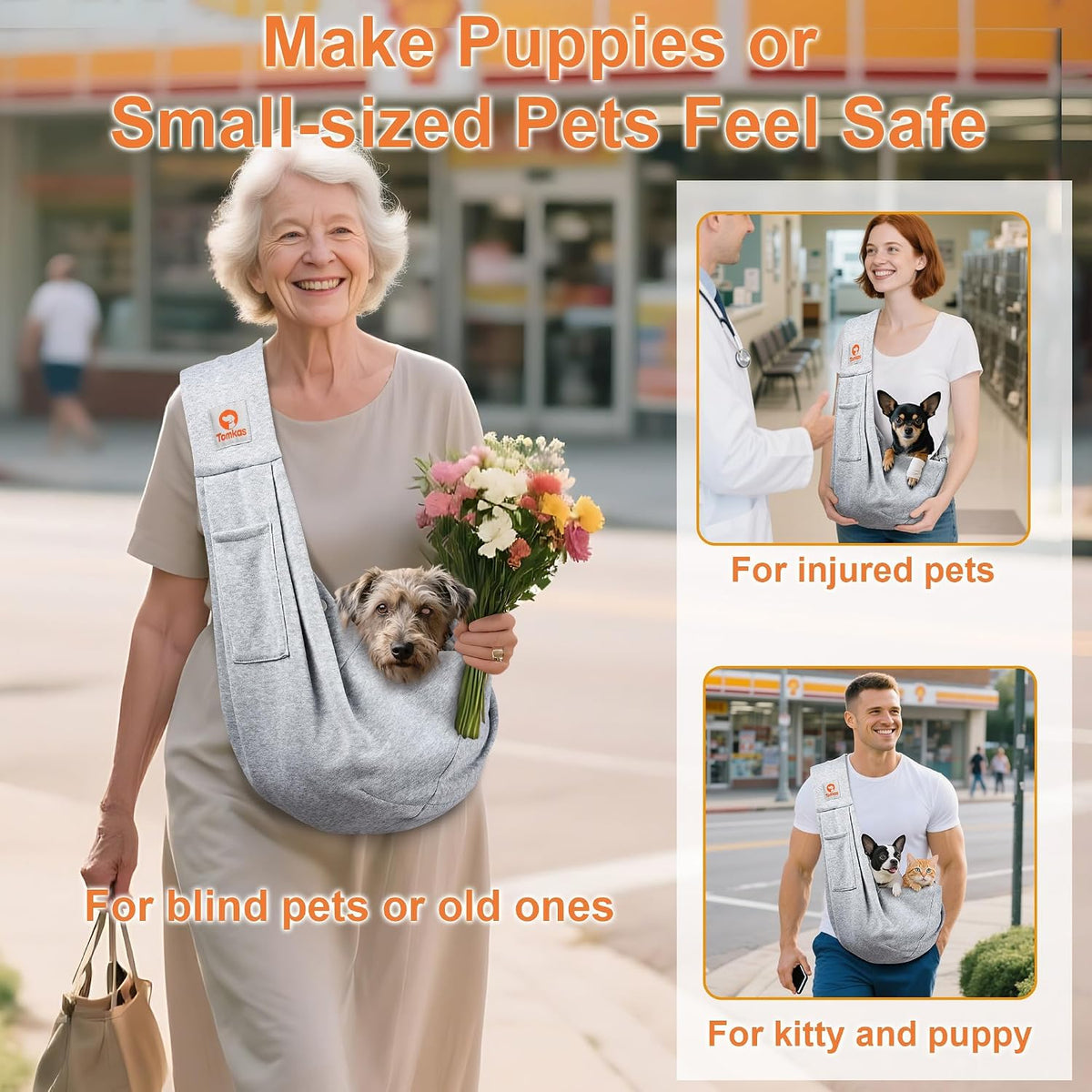 Tomkas puppy carrier pouch showcasing safety buckle and clip mechanism