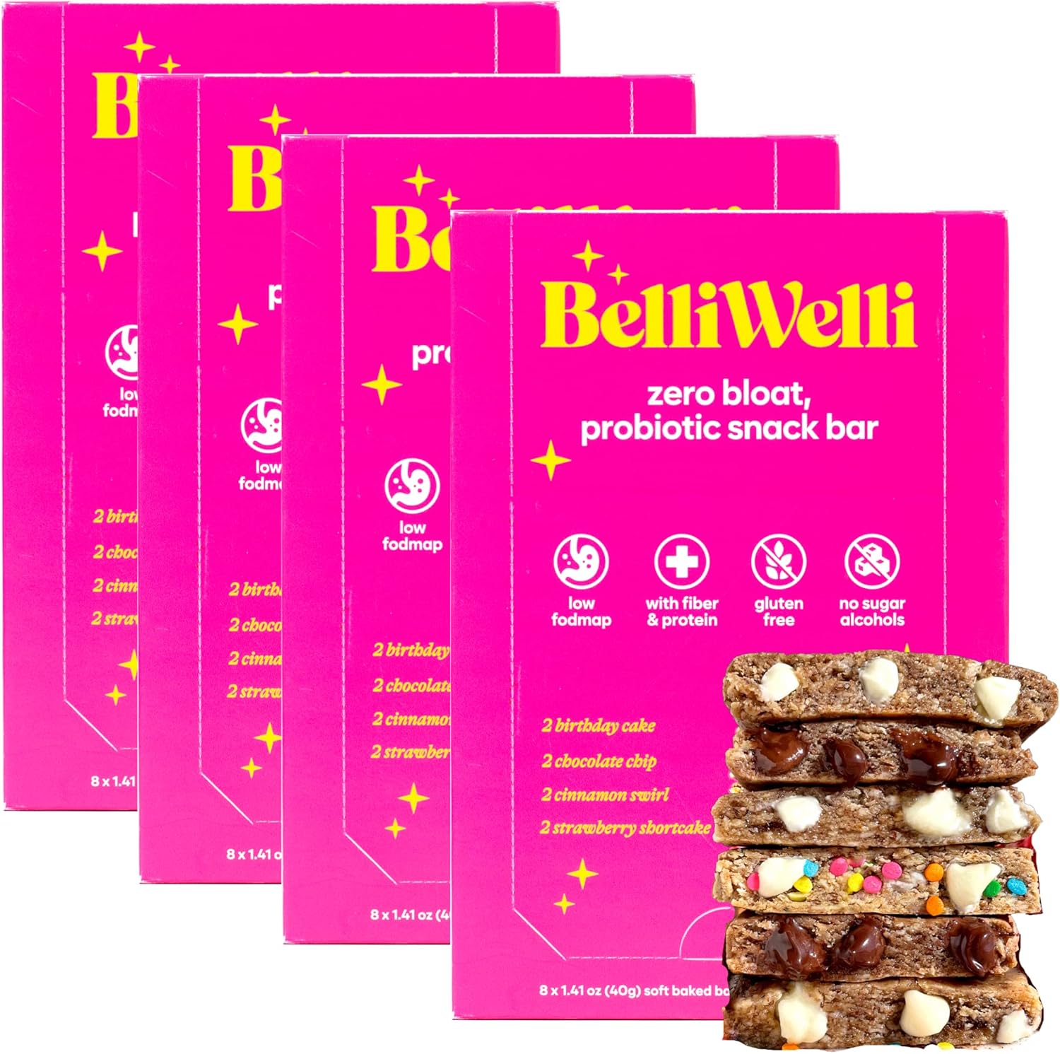 BelliWelli Vegan Gluten Free Probiotic Snack Bar variety pack front view showing pink packaging