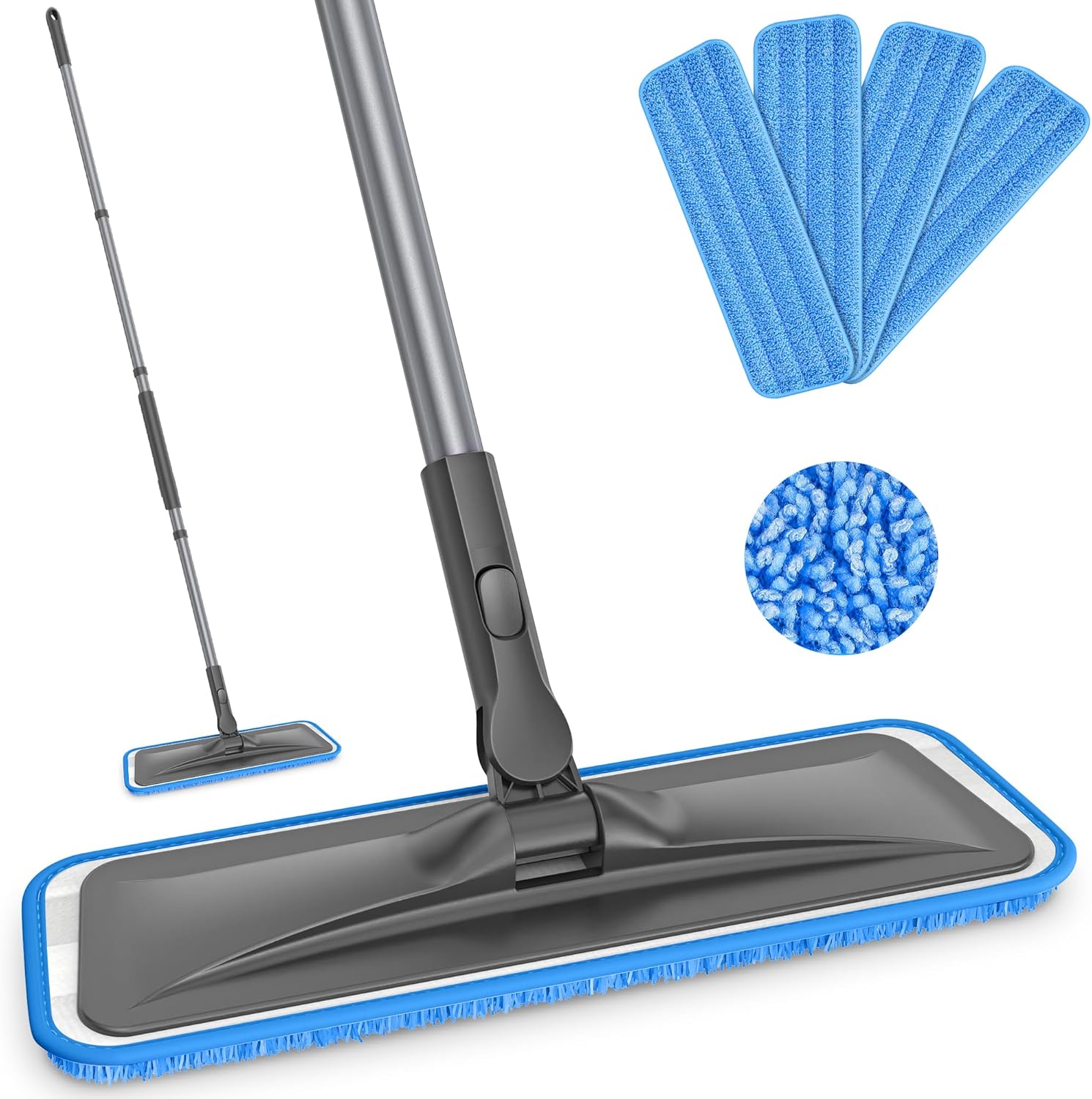 BPAWA microfiber flat floor mop front view showing the grey adjustable handle and blue premium cleaning pad.