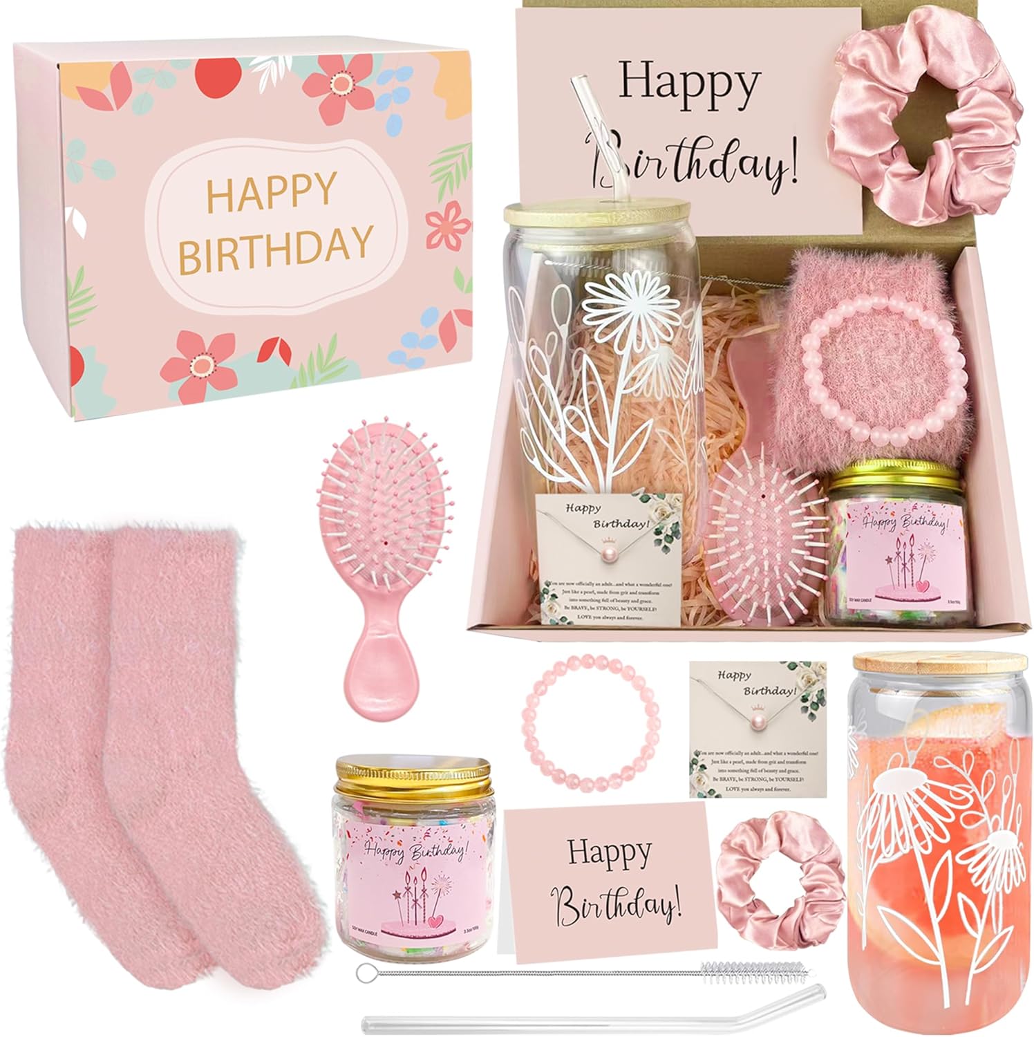 PPXMEEUDC 10 piece pink birthday gift set for teen girls front view of premium floral box
