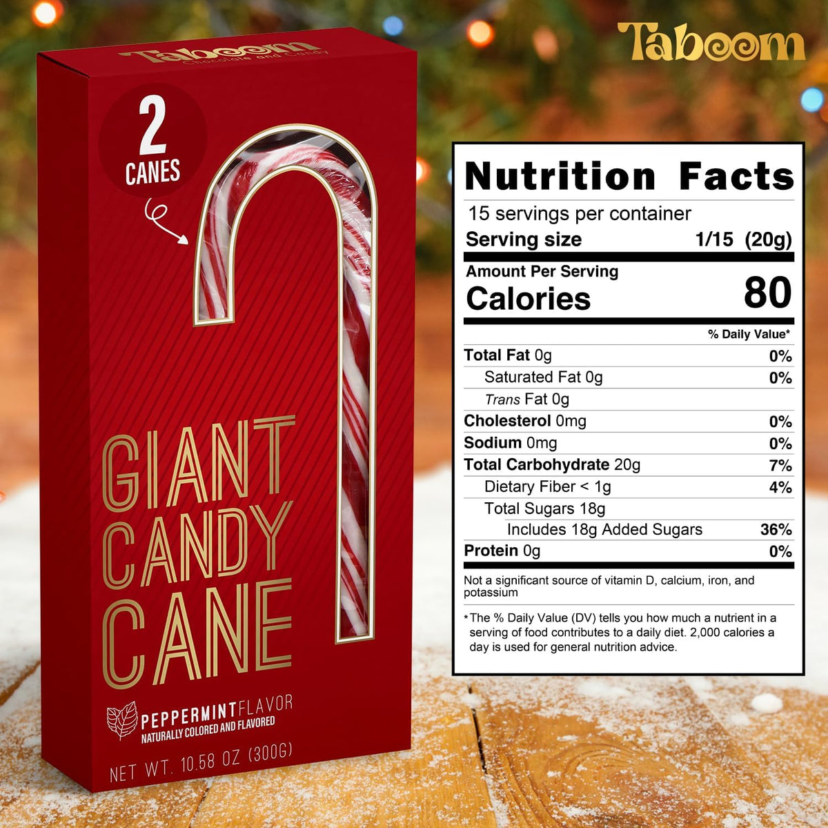 Oversized ten inch dye free peppermint candy canes inside festive packaging