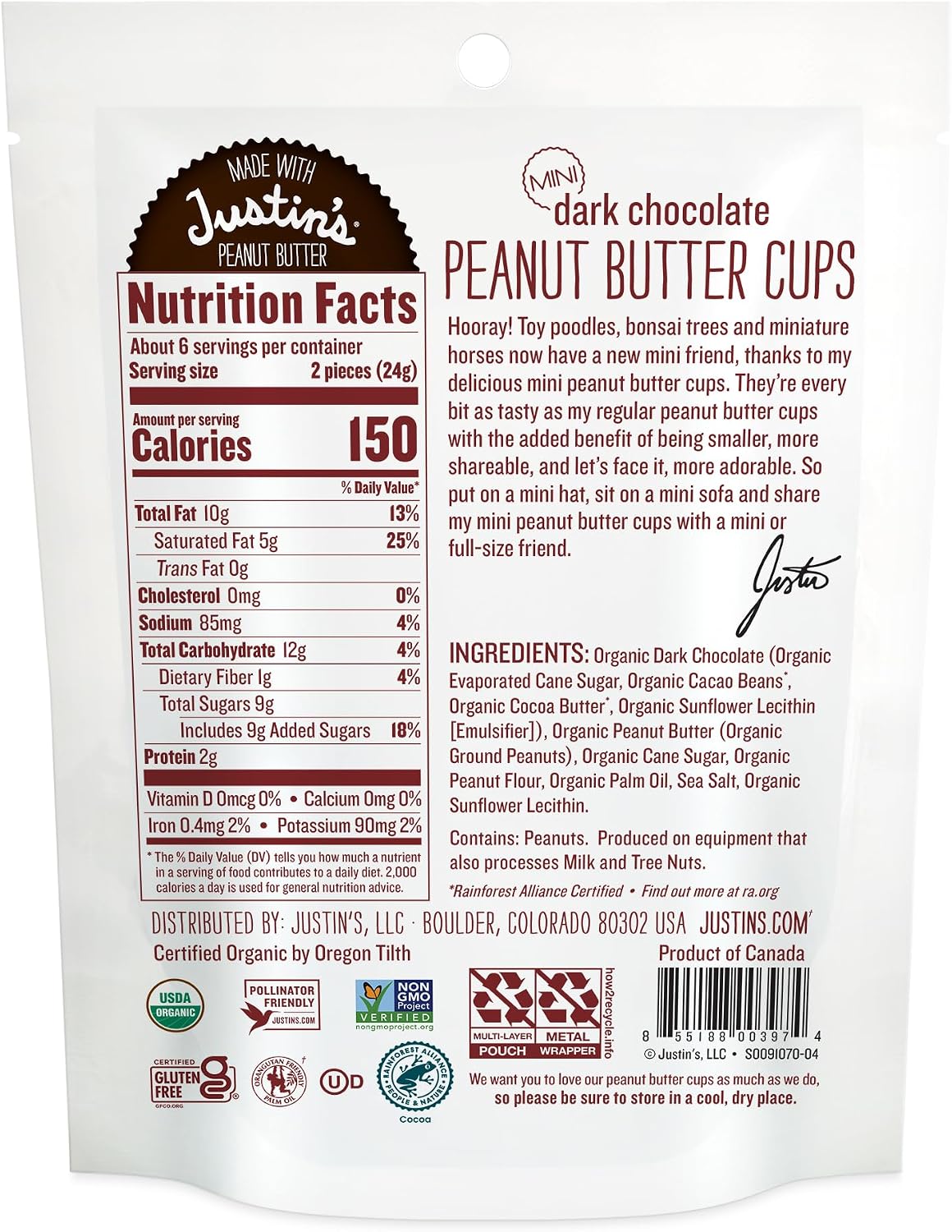 Justin's dark chocolate peanut butter minis multi-pack display showing six bags