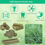 Small rabbit next to ERKOON natural grass treats illustrating size comparison for small pets