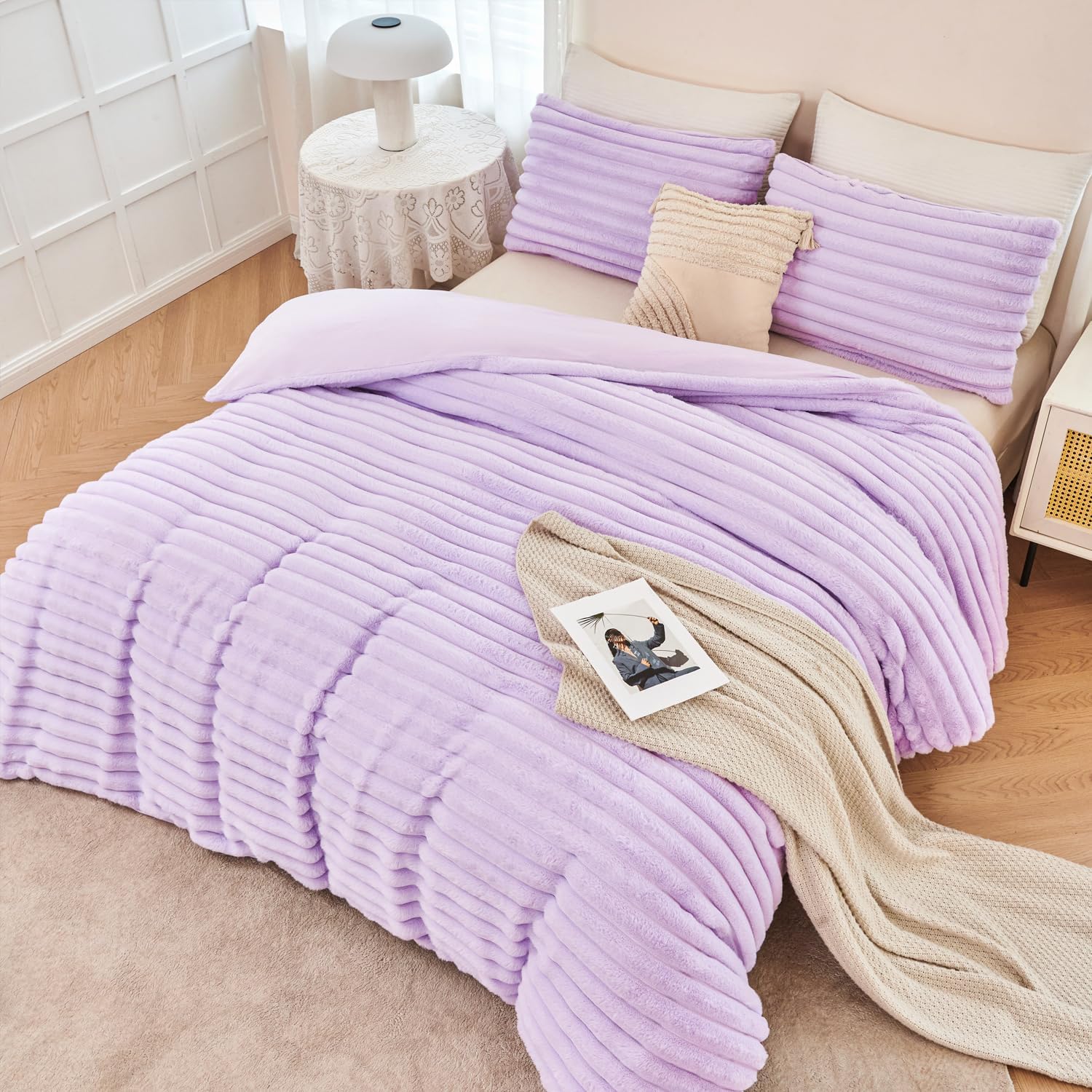 ANGIYUIN faux fur twin duvet cover set purple front view on bed