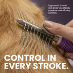 Poodlie stainless steel undercoat rake showing textured wavy ridges grip.