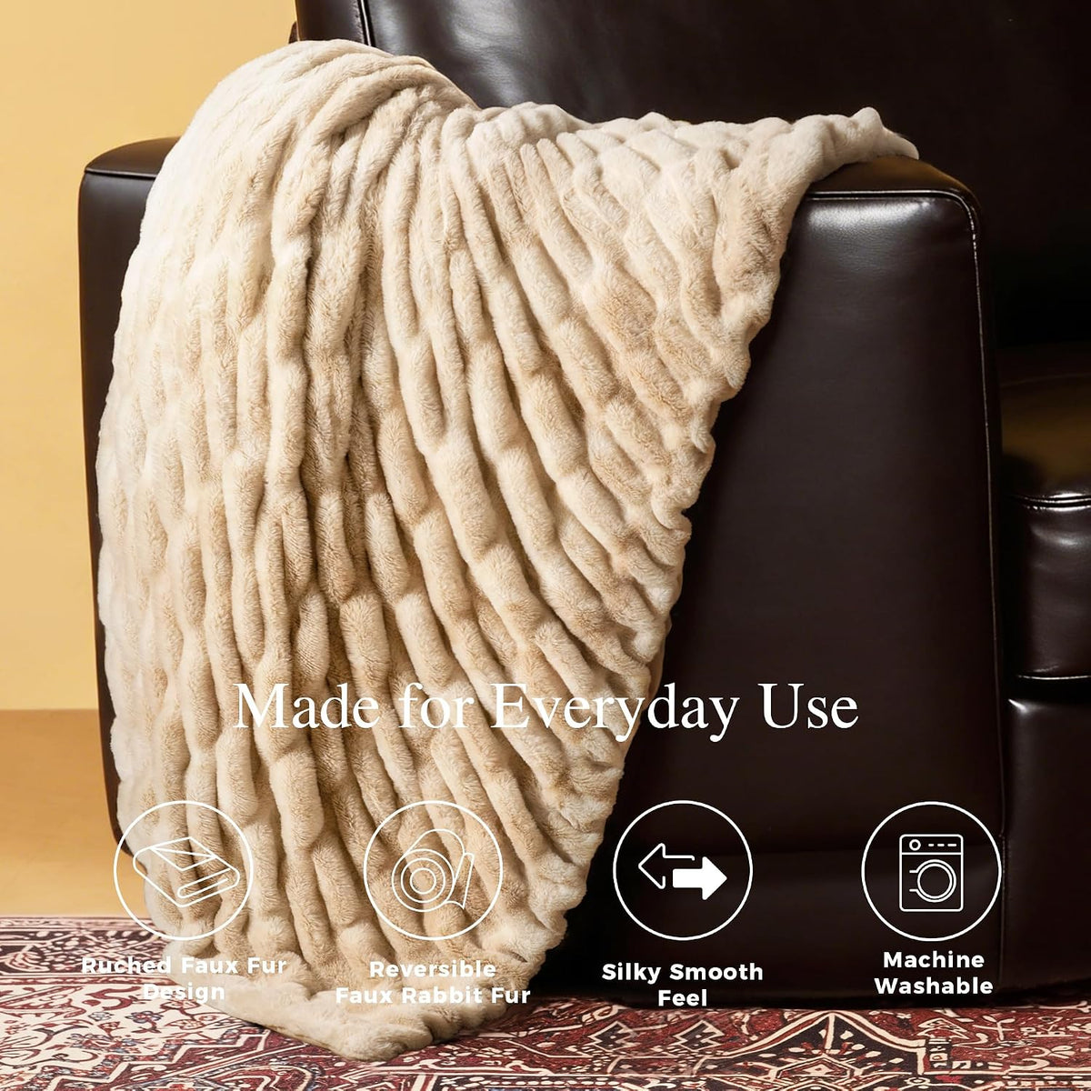 Blunique throw blanket draped elegantly across a queen size bed