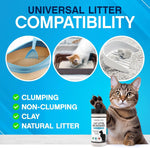 Sprinkling NonScents odor eliminator powder into a clean feline litter tray