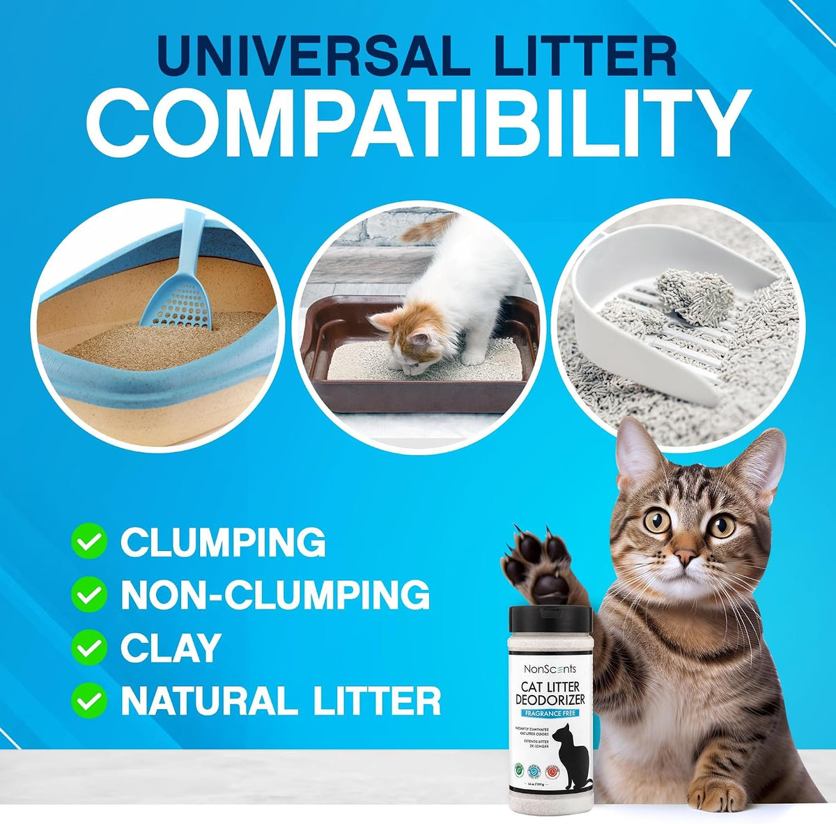 Sprinkling NonScents odor eliminator powder into a clean feline litter tray