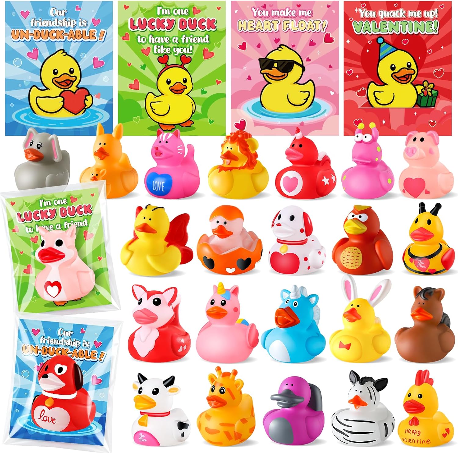 ANGGIKO Valentine rubber ducks front view showing twenty-four pack assortment with gift cards.