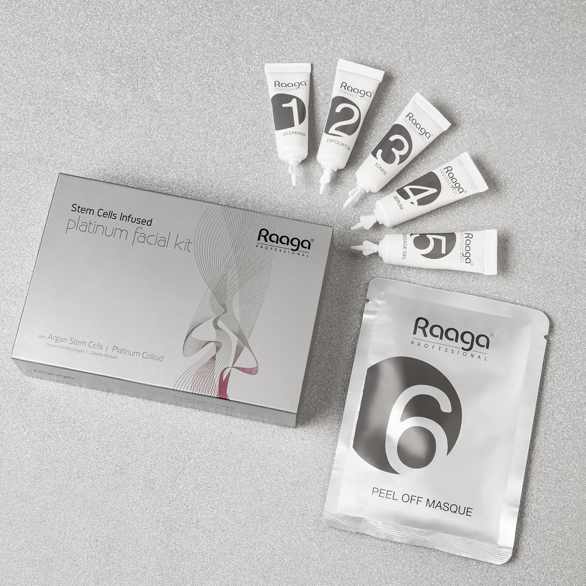 Raaga Professional Platinum Facial Kit lifestyle shot for radiant and hydrated skin care.