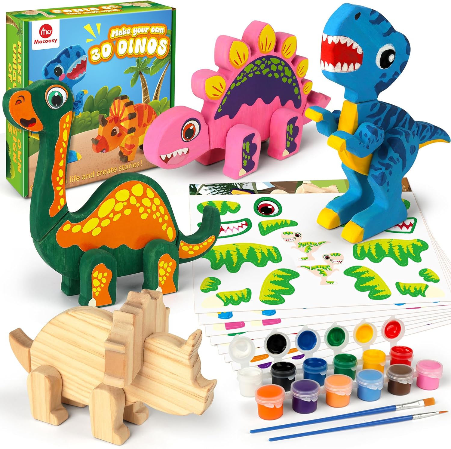 Mocoosy Wooden Dinosaur Painting Kit front view showing completed T-Rex and Triceratops figures.