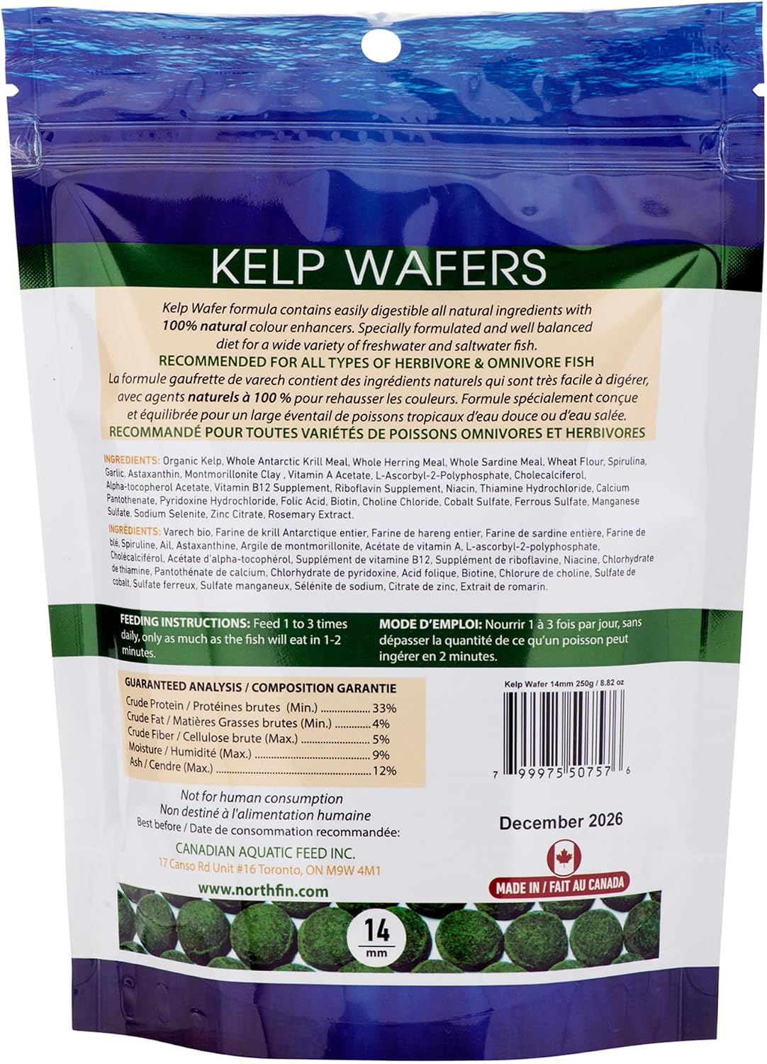 Northfin 14mm kelp wafers pellet size reference