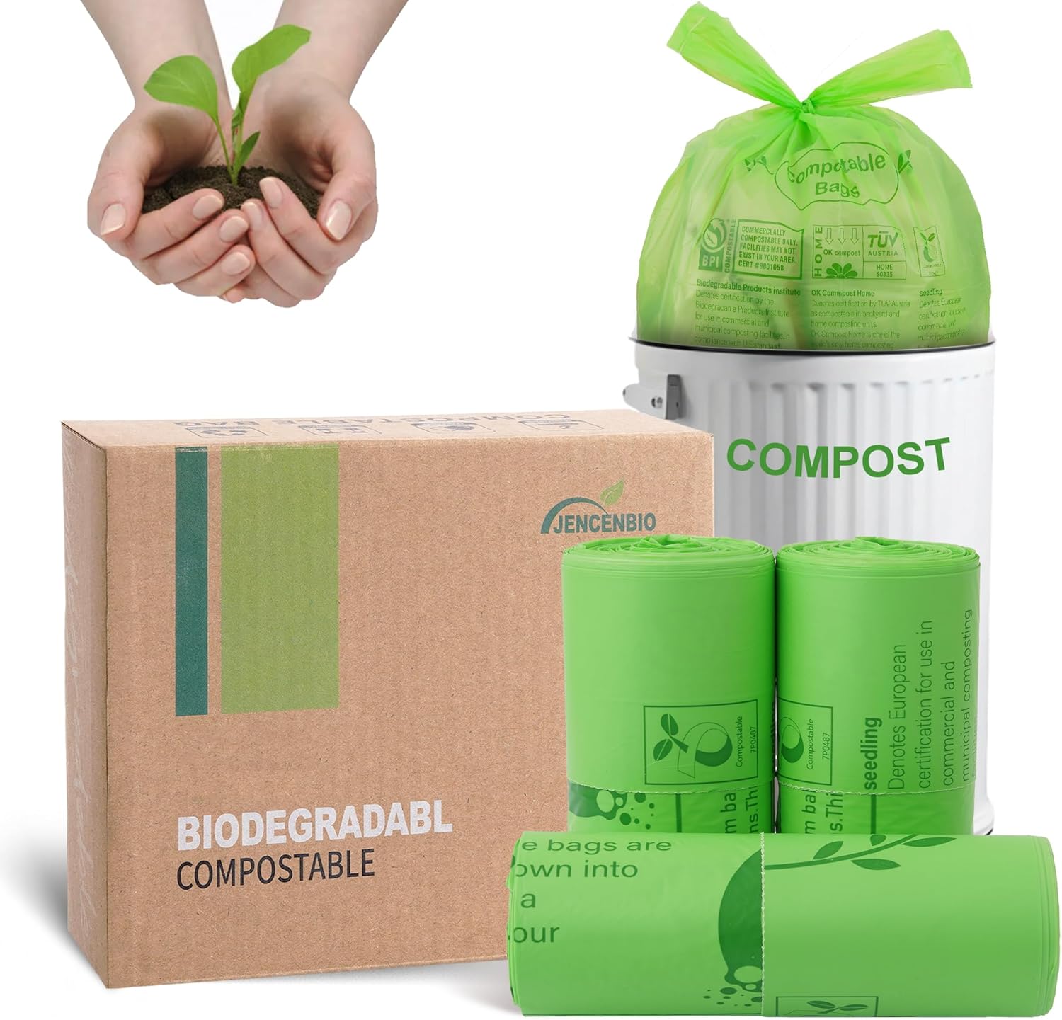 Jencenbio compostable trash bags with handles front view packaging box