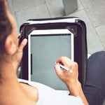 ETCHR Slate Satchel open workspace mode with art supplies