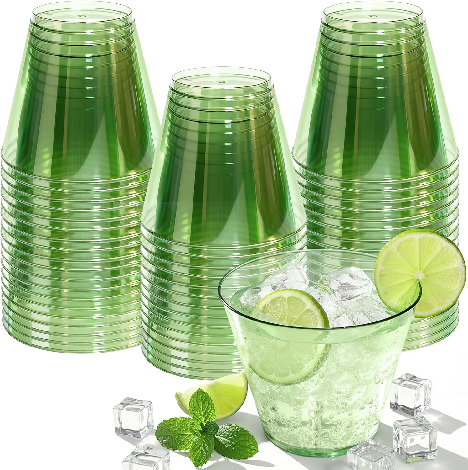 Glowserve 9 Ounce Clear Green Plastic Cups front view