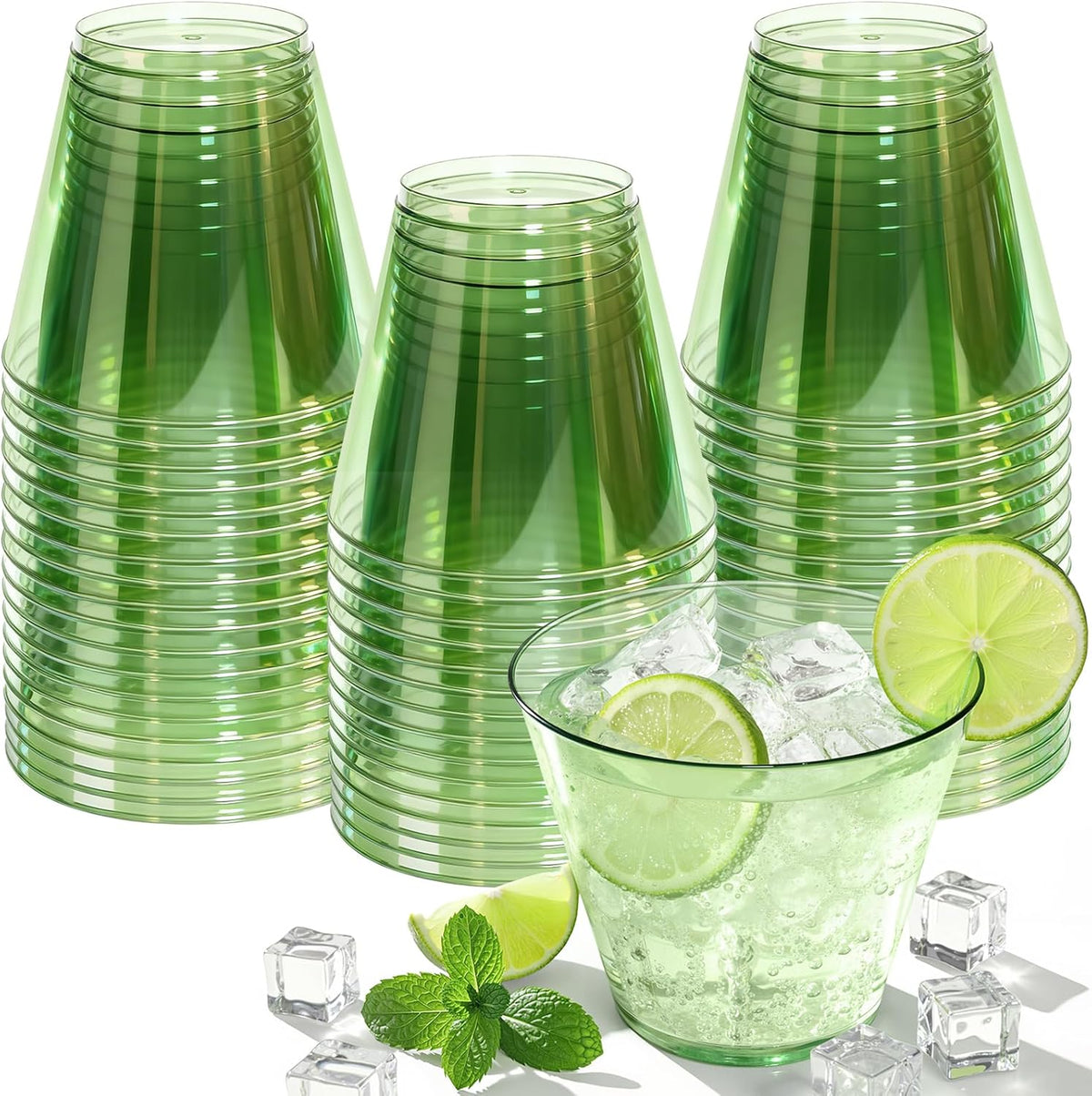 Glowserve 9 Ounce Clear Green Plastic Cups front view