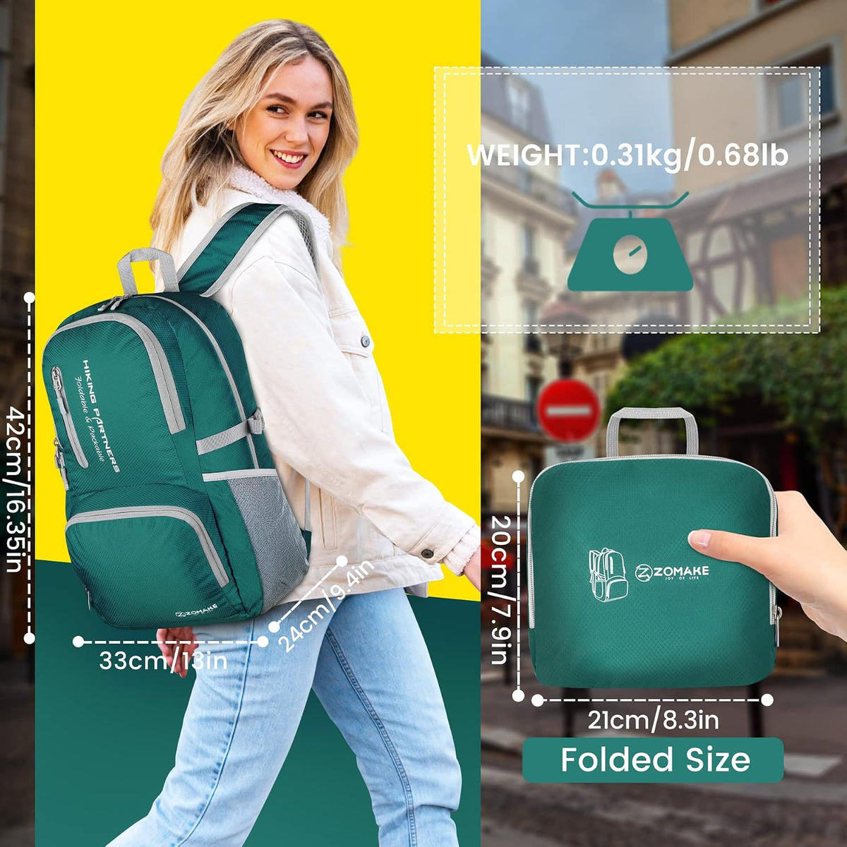 Zomake 35l foldable daypack folded into compact pouch