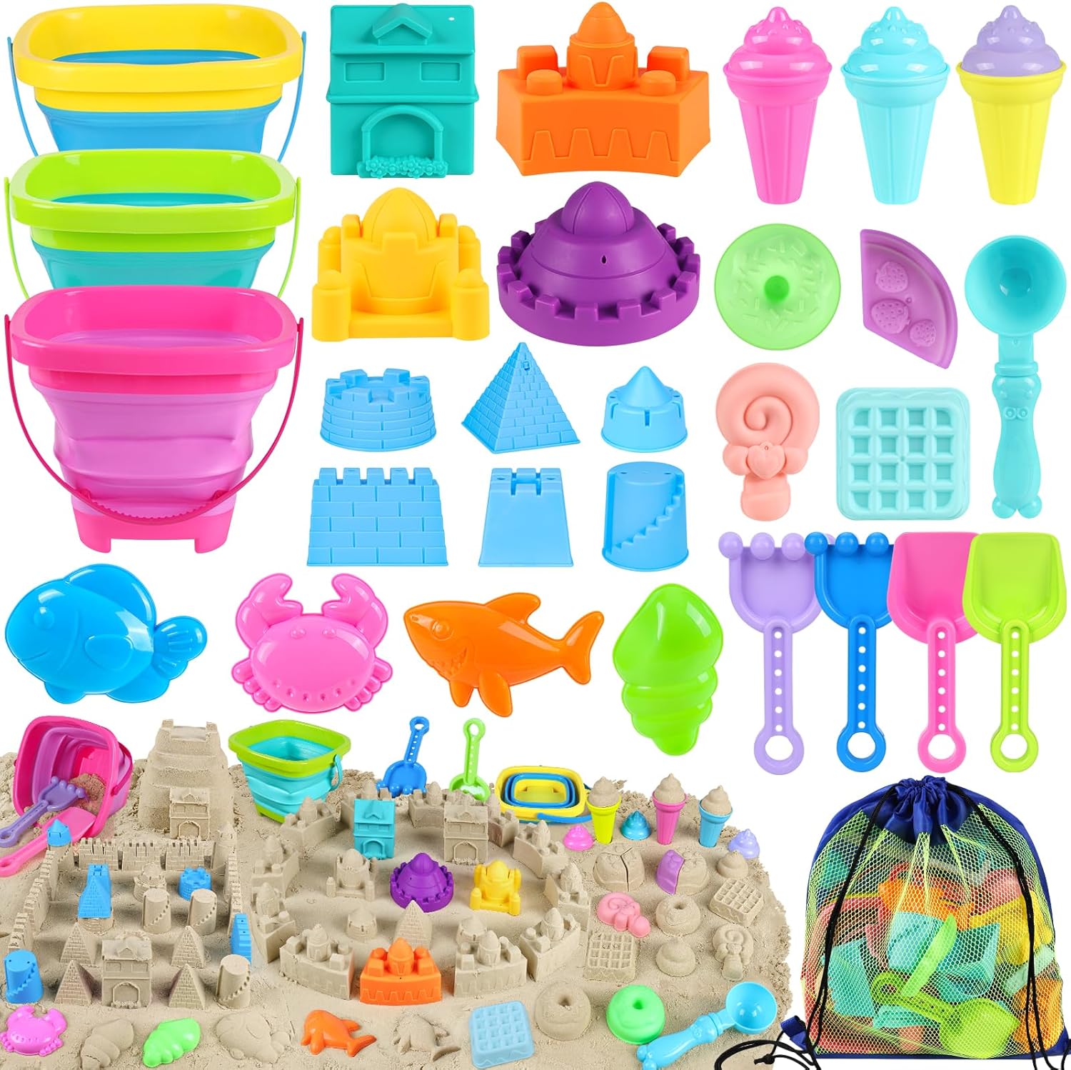 RACPNEL collapsible beach toys 33 piece set front view with folded buckets