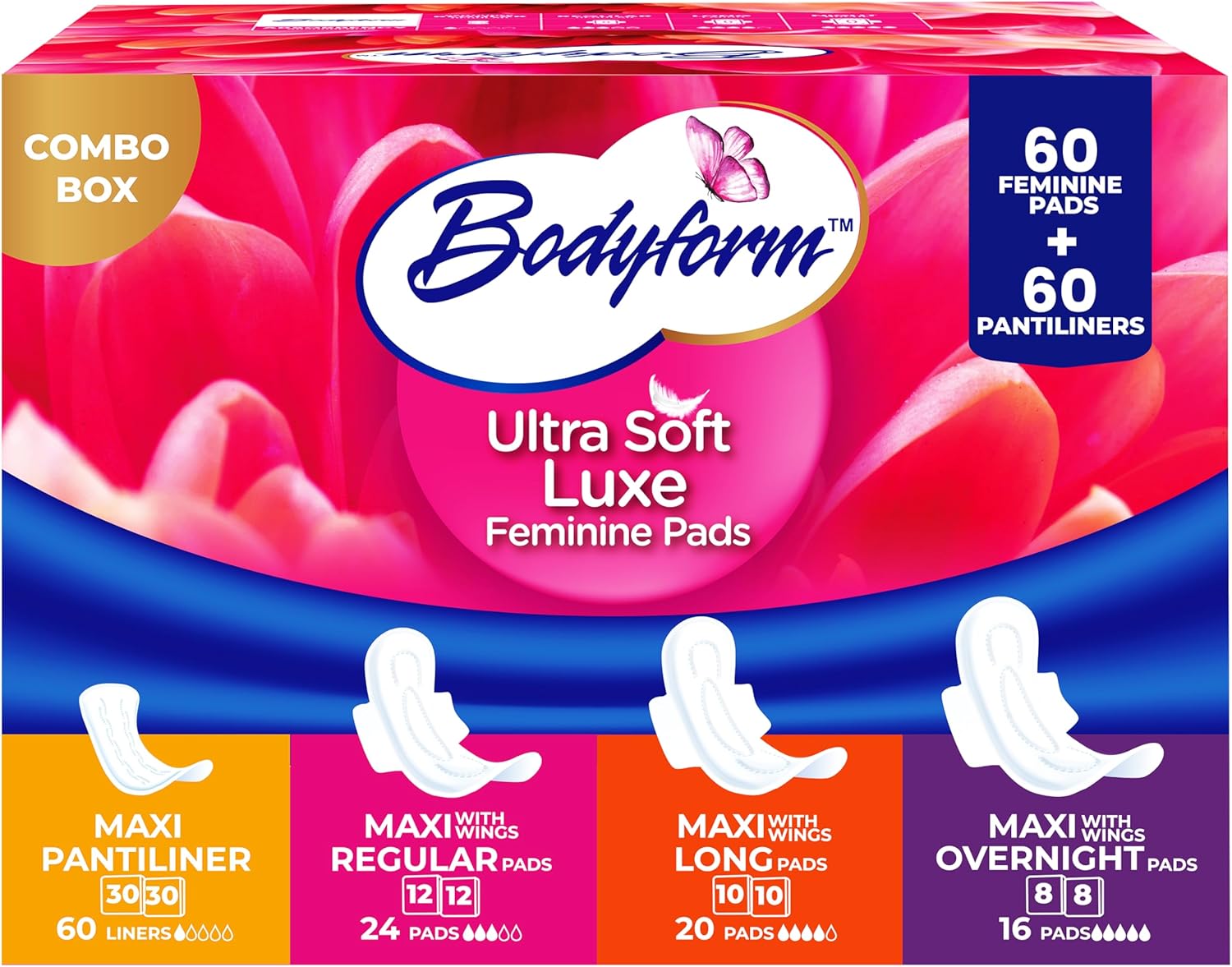 Bodyform Luxe Feminine Care Value Combo Pack, 120 Count (60 Ultra-Soft Pads + 60 Gentle Pantyliners), Variety Pack, Cushion-Soft & Ultra-Absorbent, Daily Freshness & Protection - Image 1