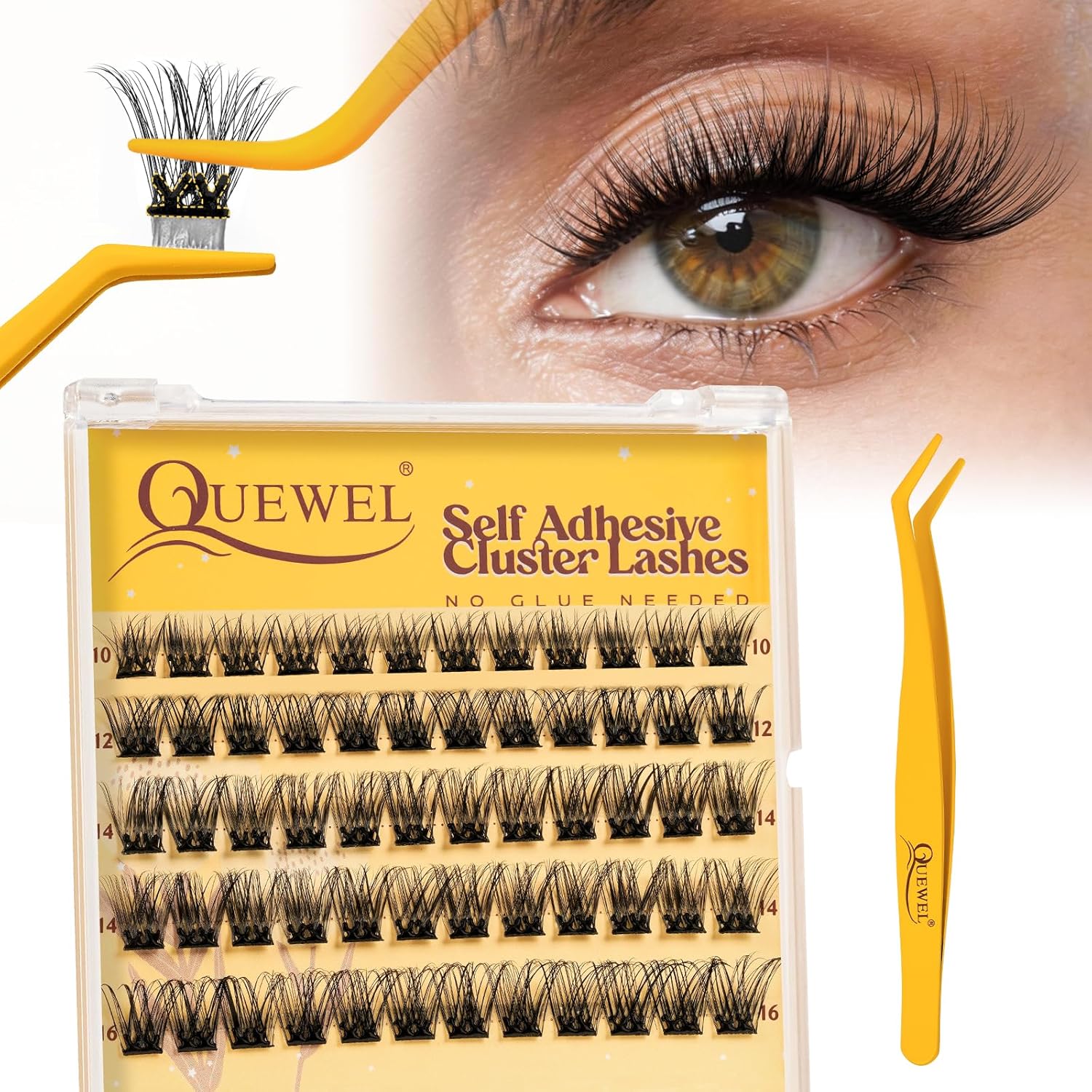 QUEWEL Self Adhesive Lash Clusters Kit, Pre Glued Eyelashes Clusters, 10-16MM Strong Hold Self Adhesive Eyelashes,D Curl Press On Lashes No Glue Needed DIY Lash Extensions Kit at Home(MJ02) - Image 1