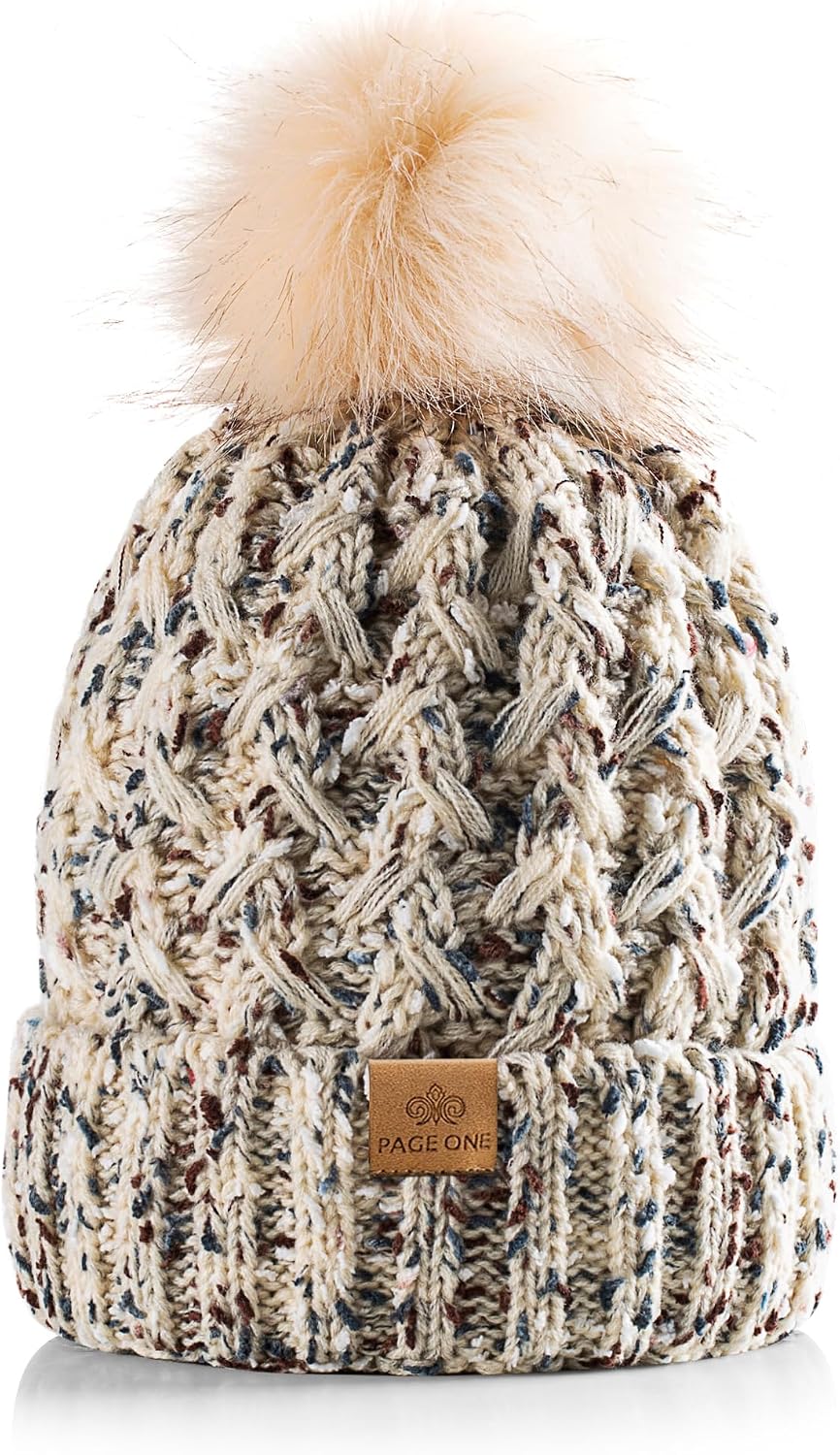 Womens Winter Ribbed Beanie Crossed Cap Chunky Cable Knit Pompom Soft Warm Hat - Image 9