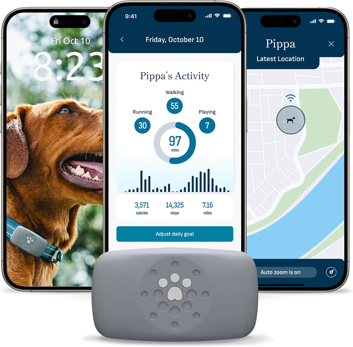 Petivity Smart GPS and Activity Dog Tracker front view showing compact waterproof design