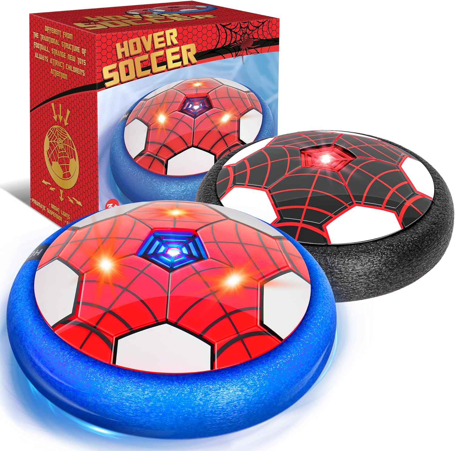 Philivivi hover soccer ball front view showing red and black Spider-Man themed design with LED lights.