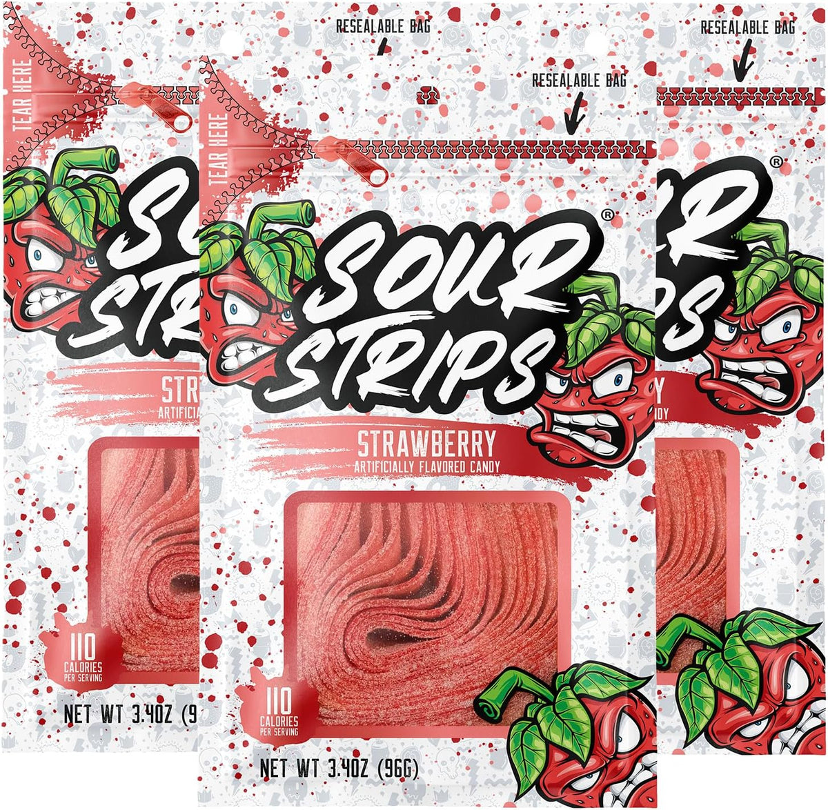 Sour Strips Sour Candy Belts, Doubleberry, Resealable Candy Bags, 3.4 Ounce (Pack of 3) - Image 14