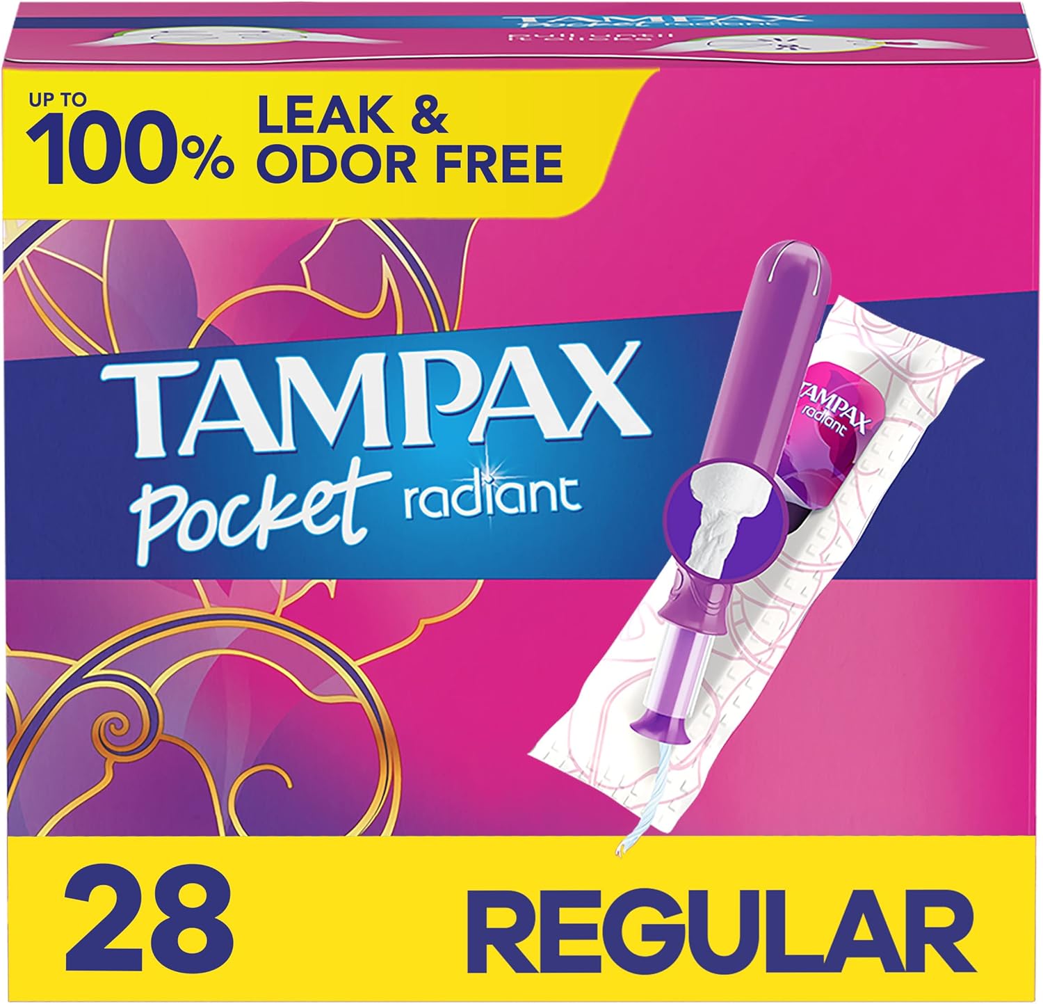 Tampax Pocket Radiant Compact Plastic Tampons, with LeakGuard Braid, Regular Absorbency, Unscented, Pack of 3 (28 count each pack) - Image 1