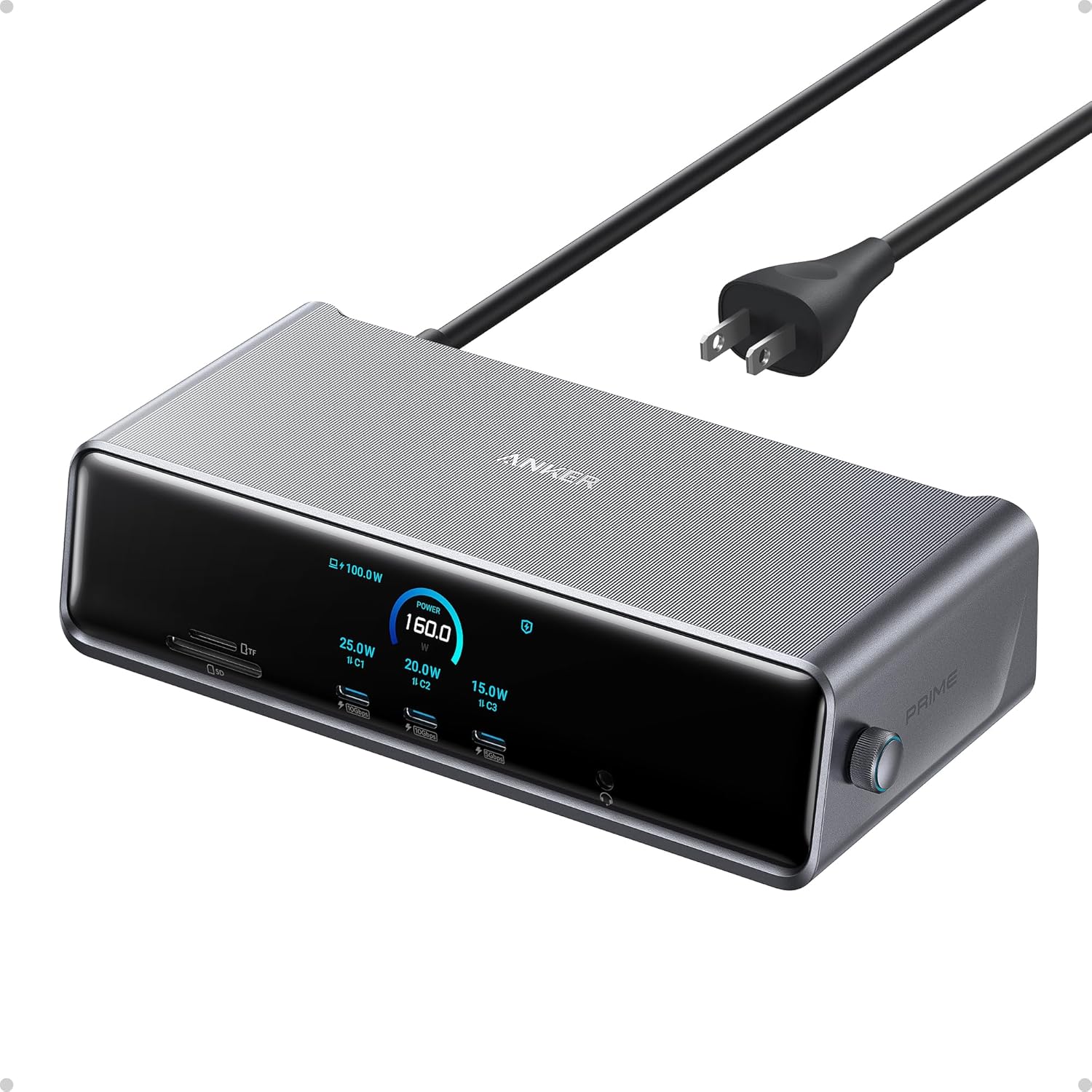 Anker Prime Docking Station DL7400 front view displaying the integrated smart screen and front-facing USB-C ports.