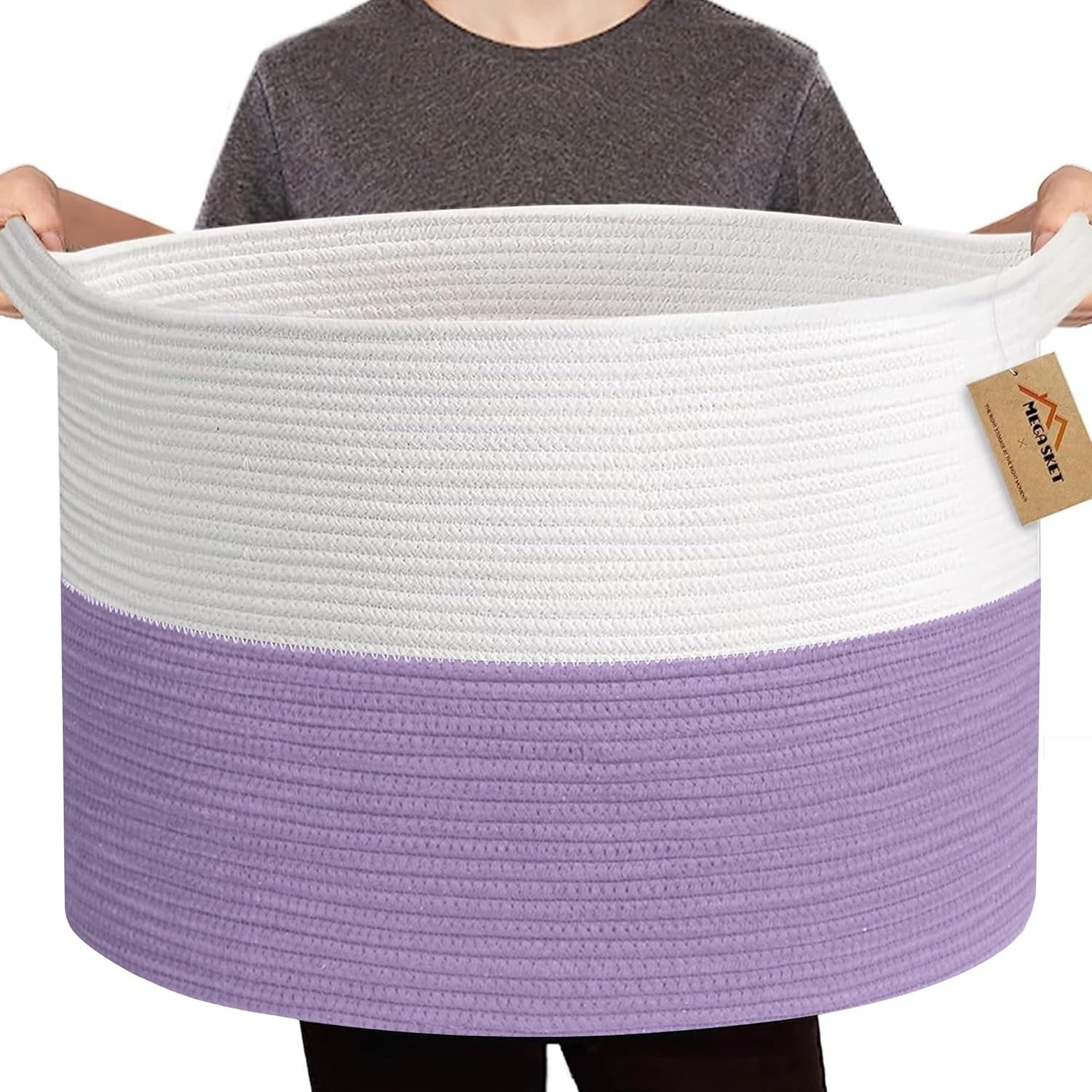 MEGASKET large purple rope storage basket front view holding multiple living room blankets.