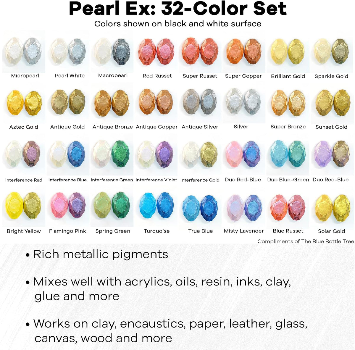 Jacquard Pearl Ex powdered pigment jars arranged to display assorted metallic colors