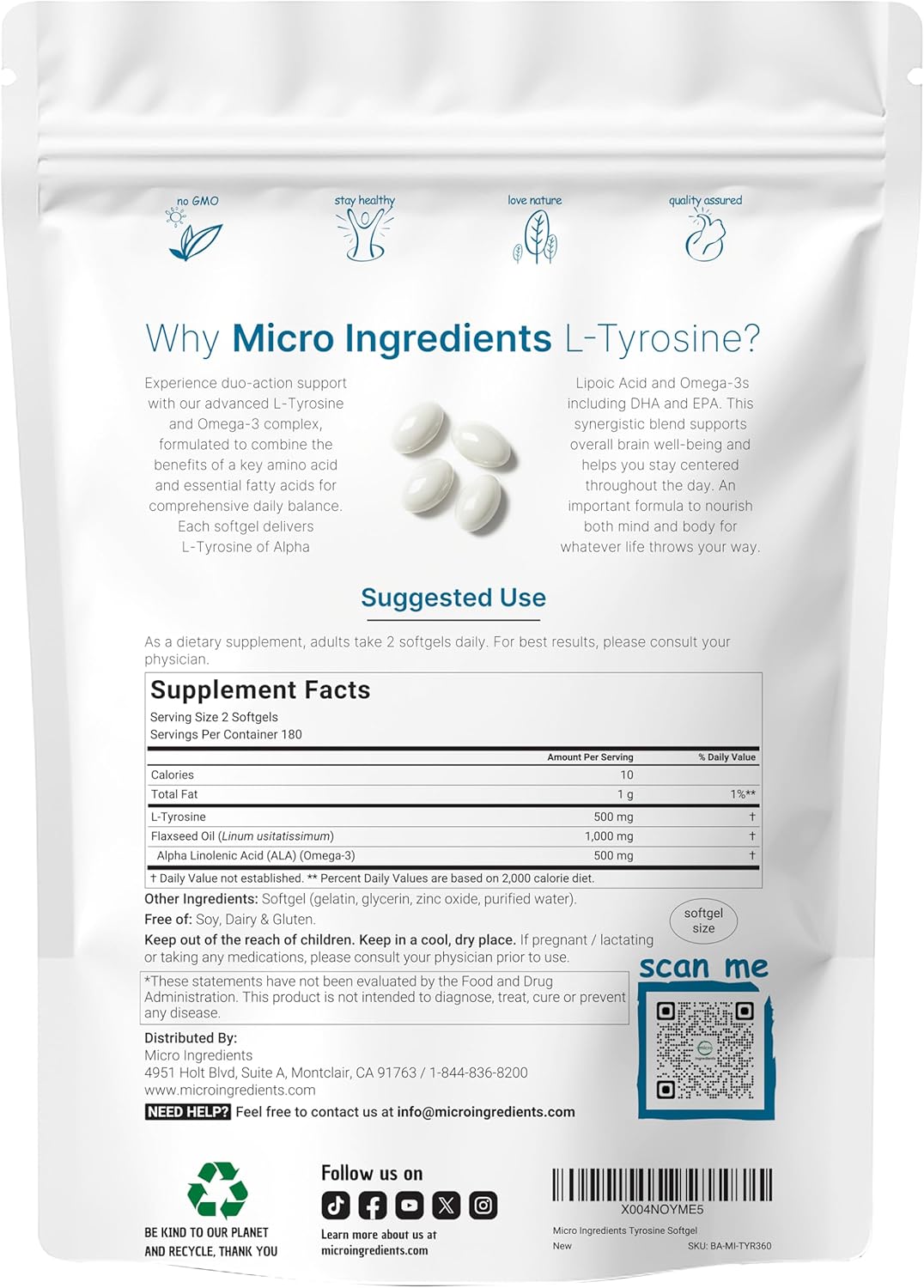 Micro Ingredients L-Tyrosine supplement package nutritional facts label