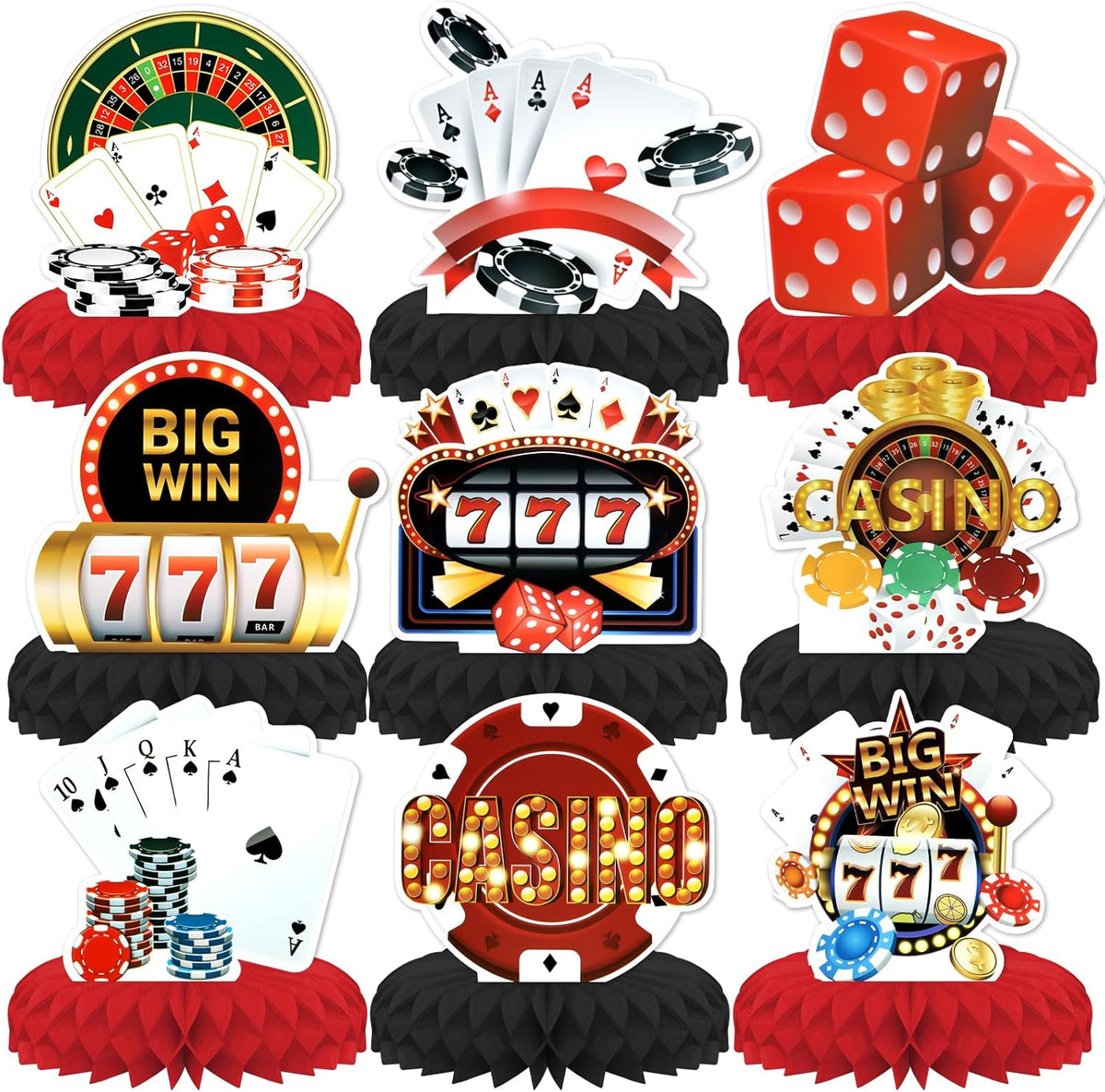 Kskspe 9 piece casino theme honeycomb centerpieces set front view