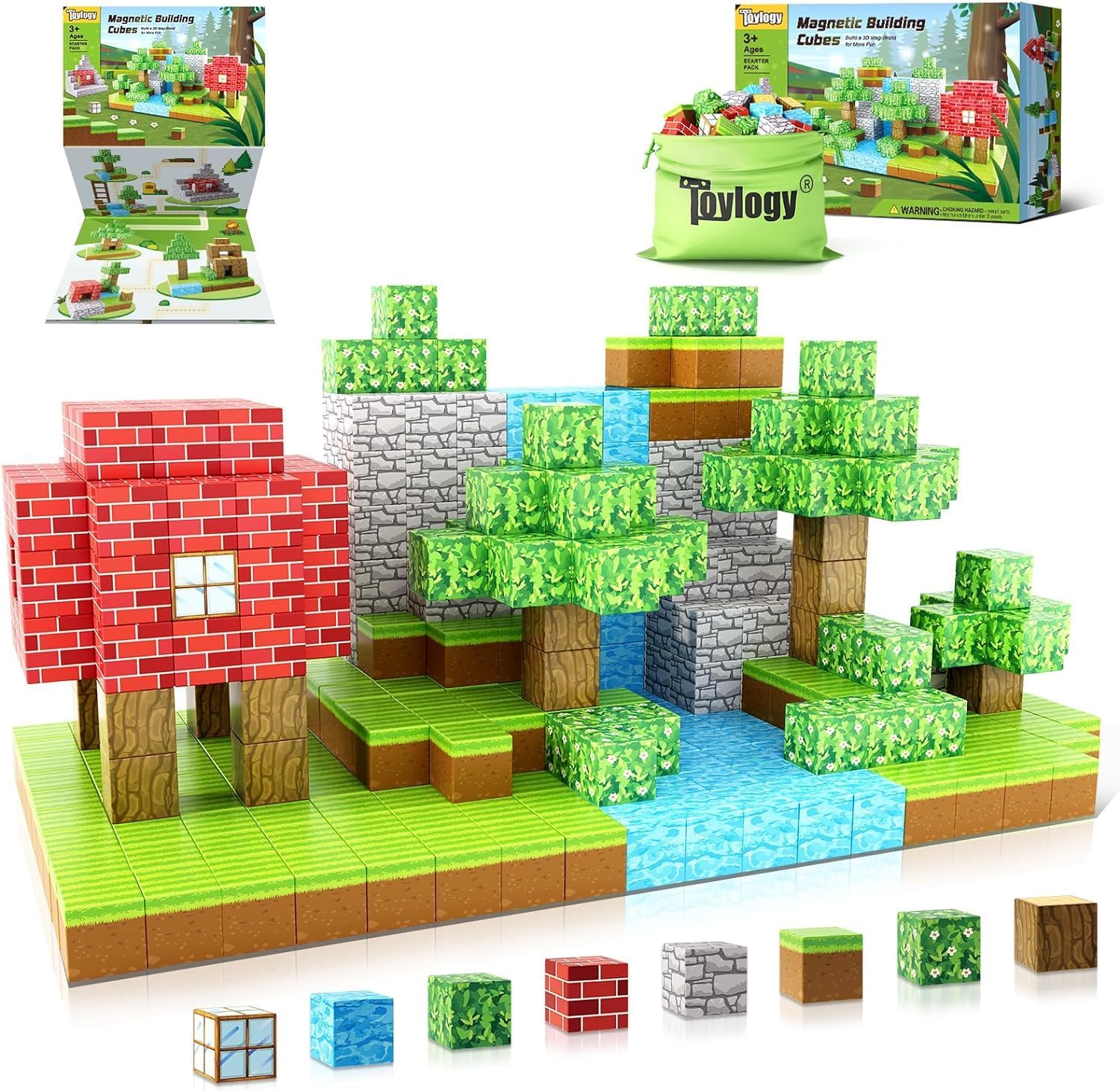 Toylogy Large Magnetic Building Blocks front view of the forty eight piece forest set box packaging.