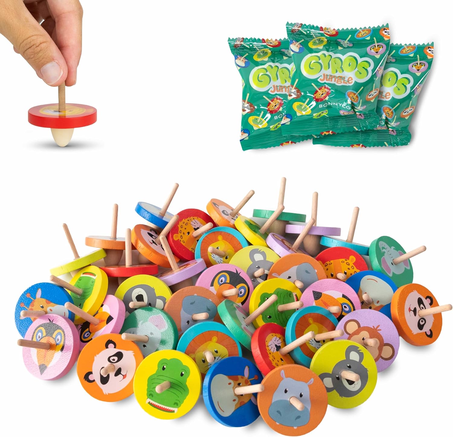 BONNYCO wood spinning top 40 pack jungle theme party favor set