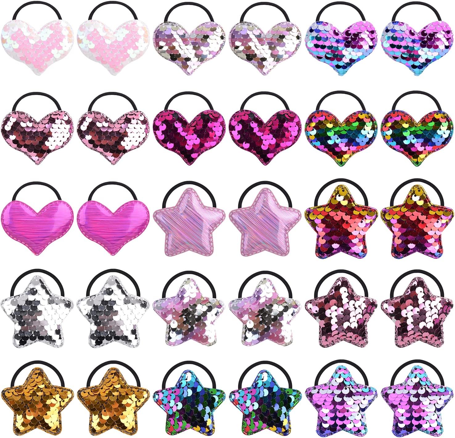 InSowni 30 pack glitter sequin heart and star hair ties front view
