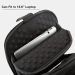 LEVEL8 computer bag rear view highlighting ventilated mesh back panel and luggage strap.