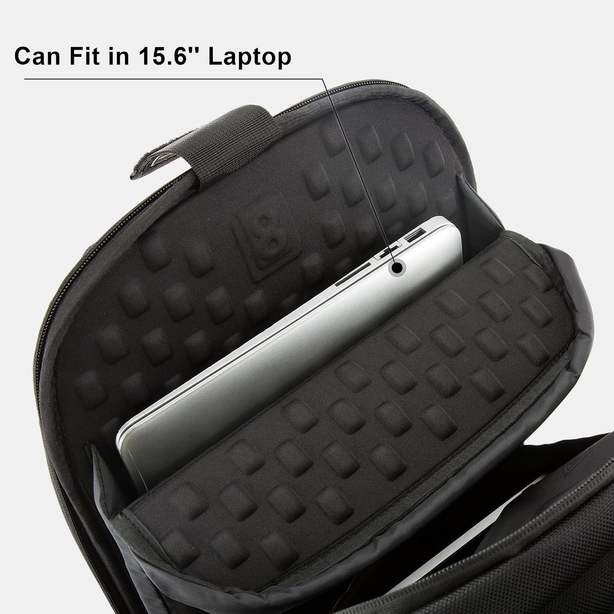 LEVEL8 computer bag rear view highlighting ventilated mesh back panel and luggage strap.