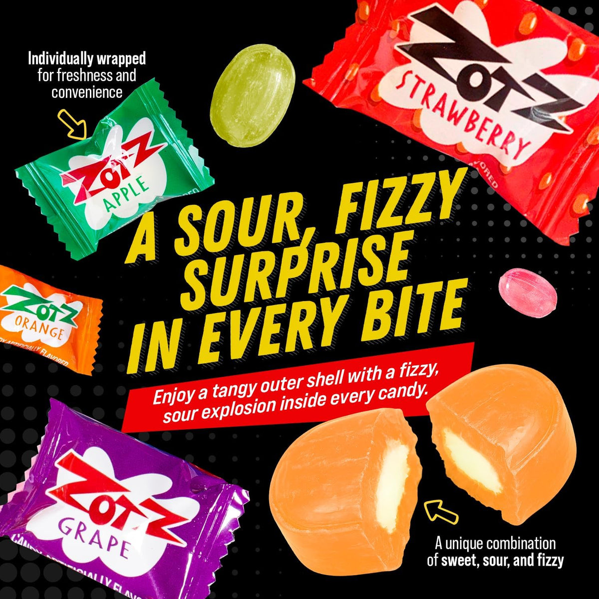 Authentic American Zotz fizz power candy bag layout close up