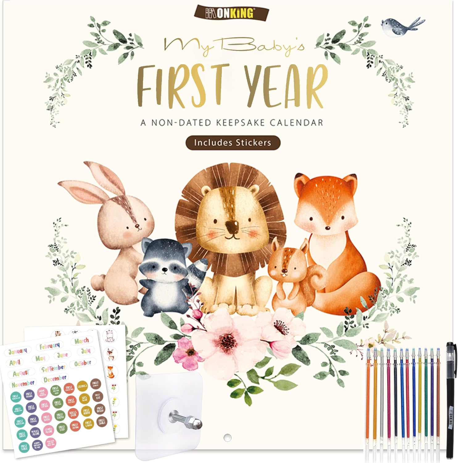 Monking Bright Day Baby First Year Calendar front view showing woodland animal theme.